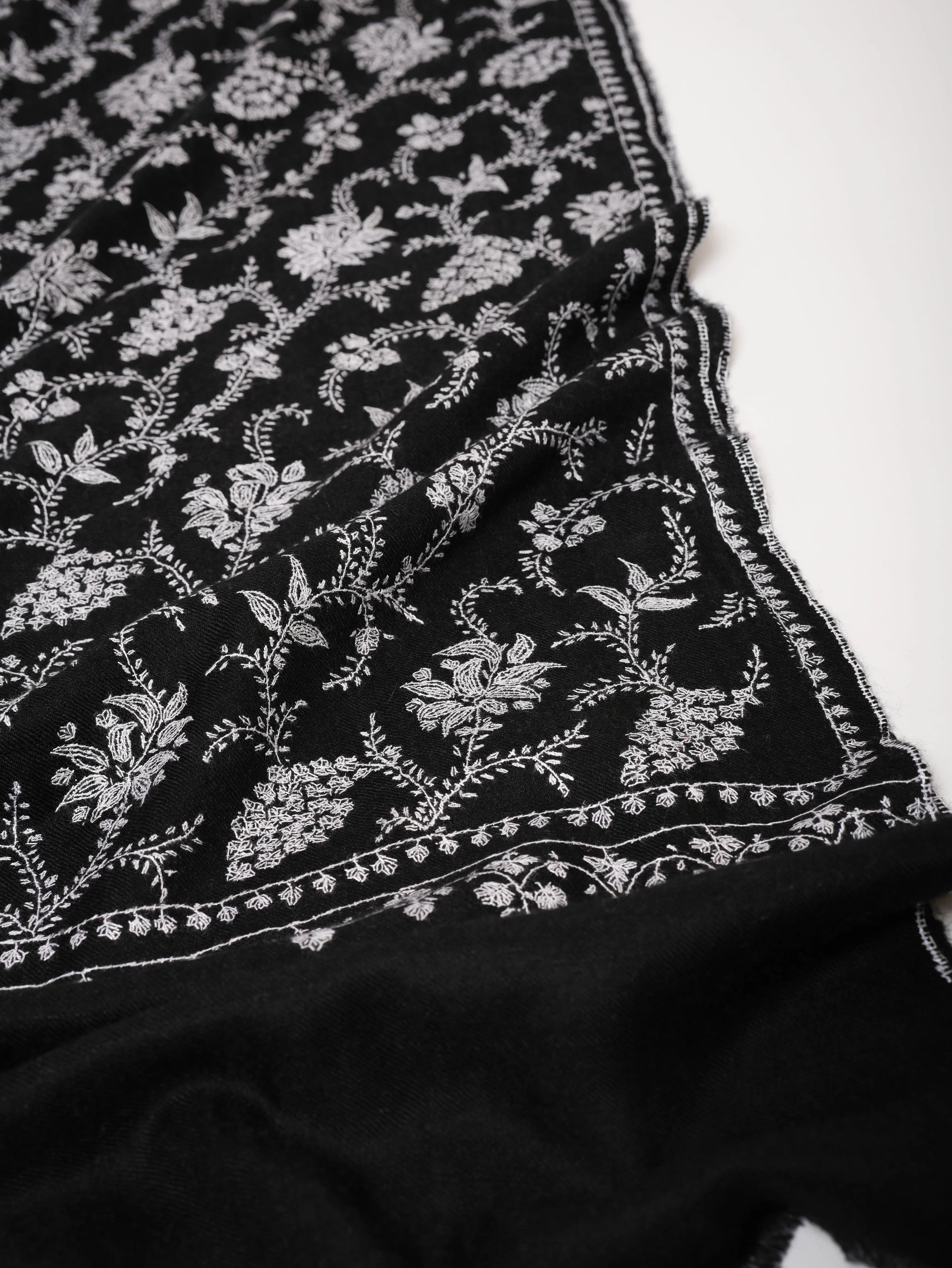Black Baby Soft Cashmere Scarf with White Sozni Embroidery Shahkaar