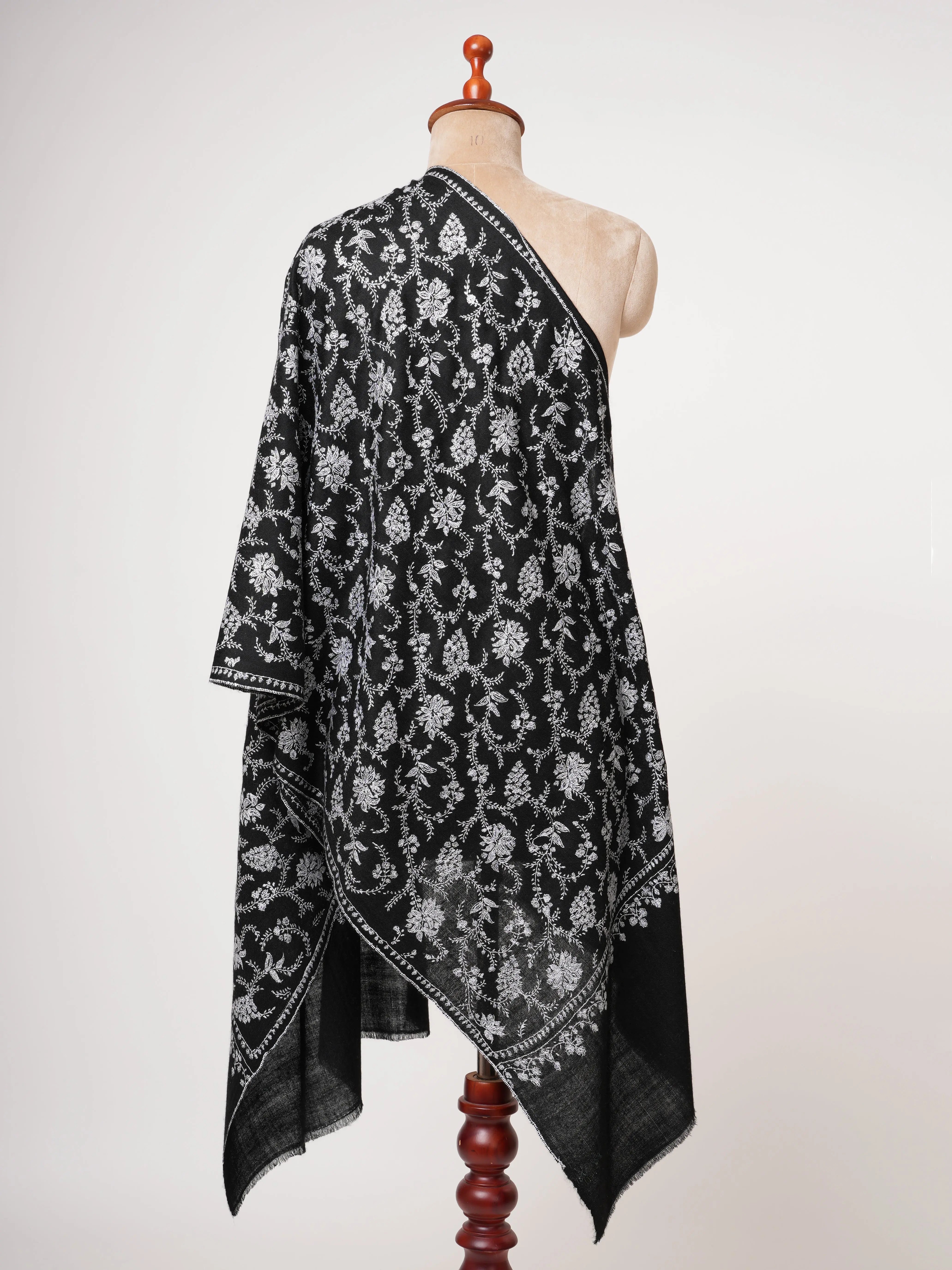 Black Baby Soft Cashmere Scarf with White Sozni Embroidery Shahkaar