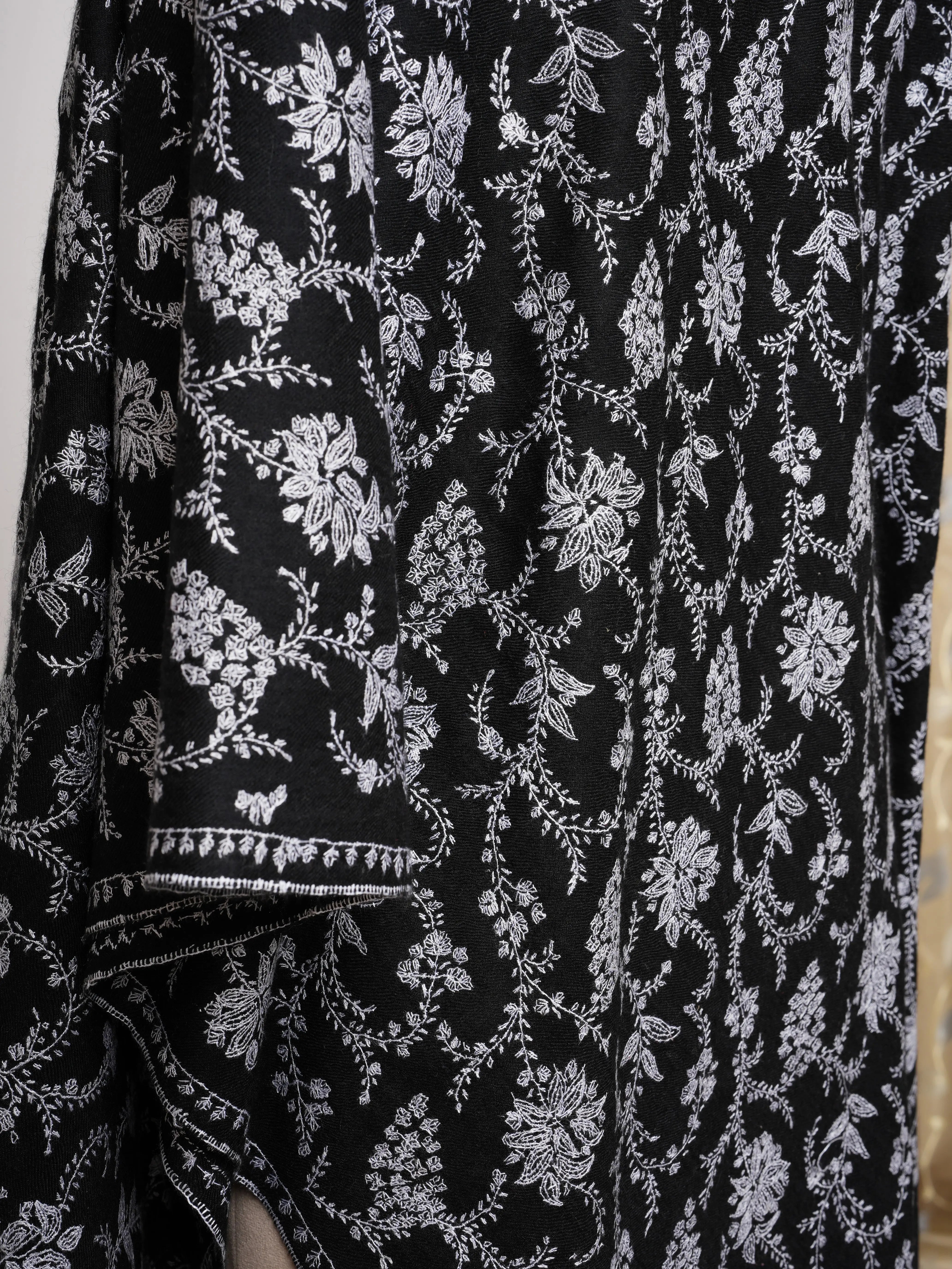 Black Baby Soft Cashmere Scarf with White Sozni Embroidery Shahkaar