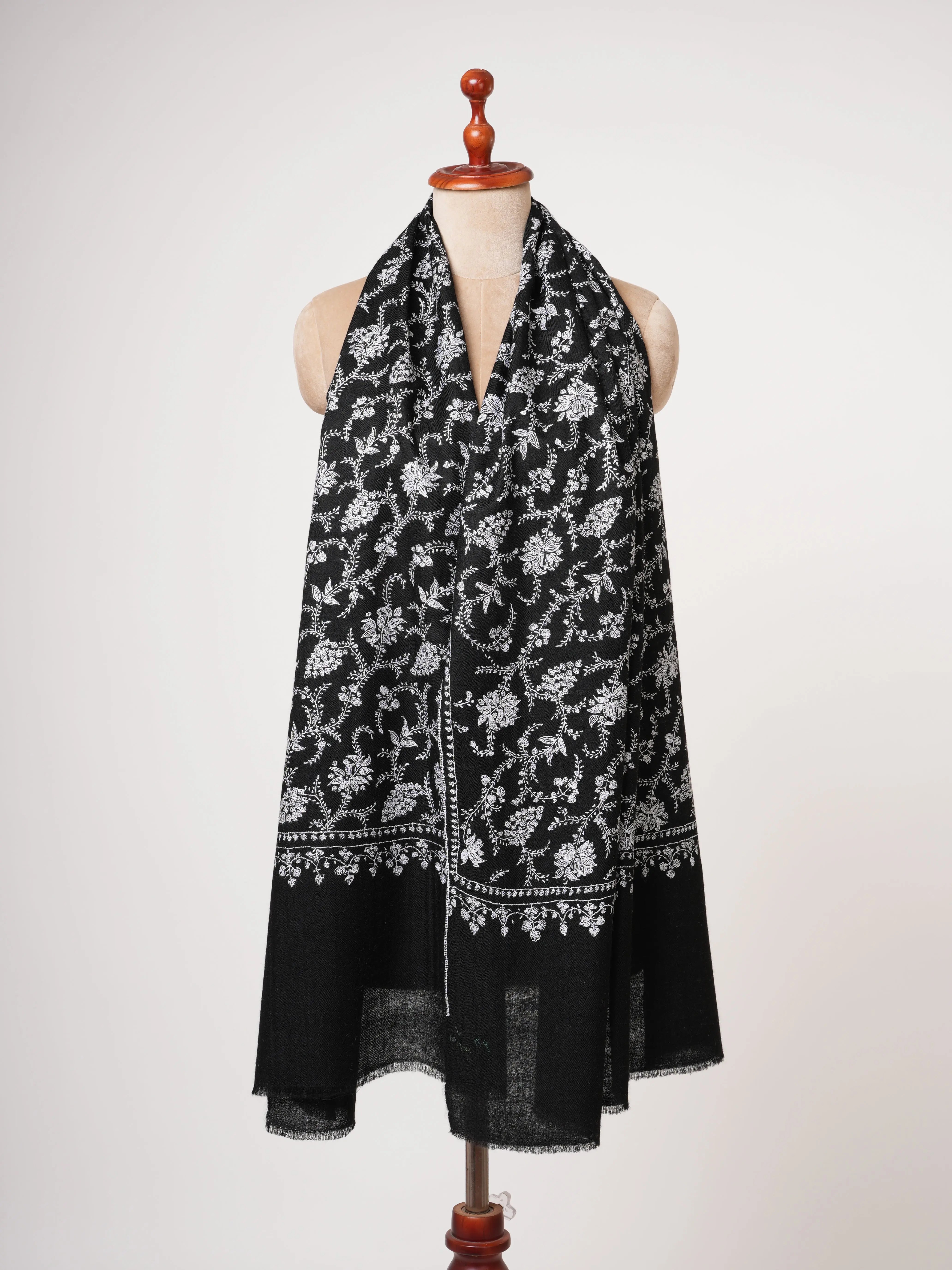 Black Baby Soft Cashmere Scarf with White Sozni Embroidery Shahkaar