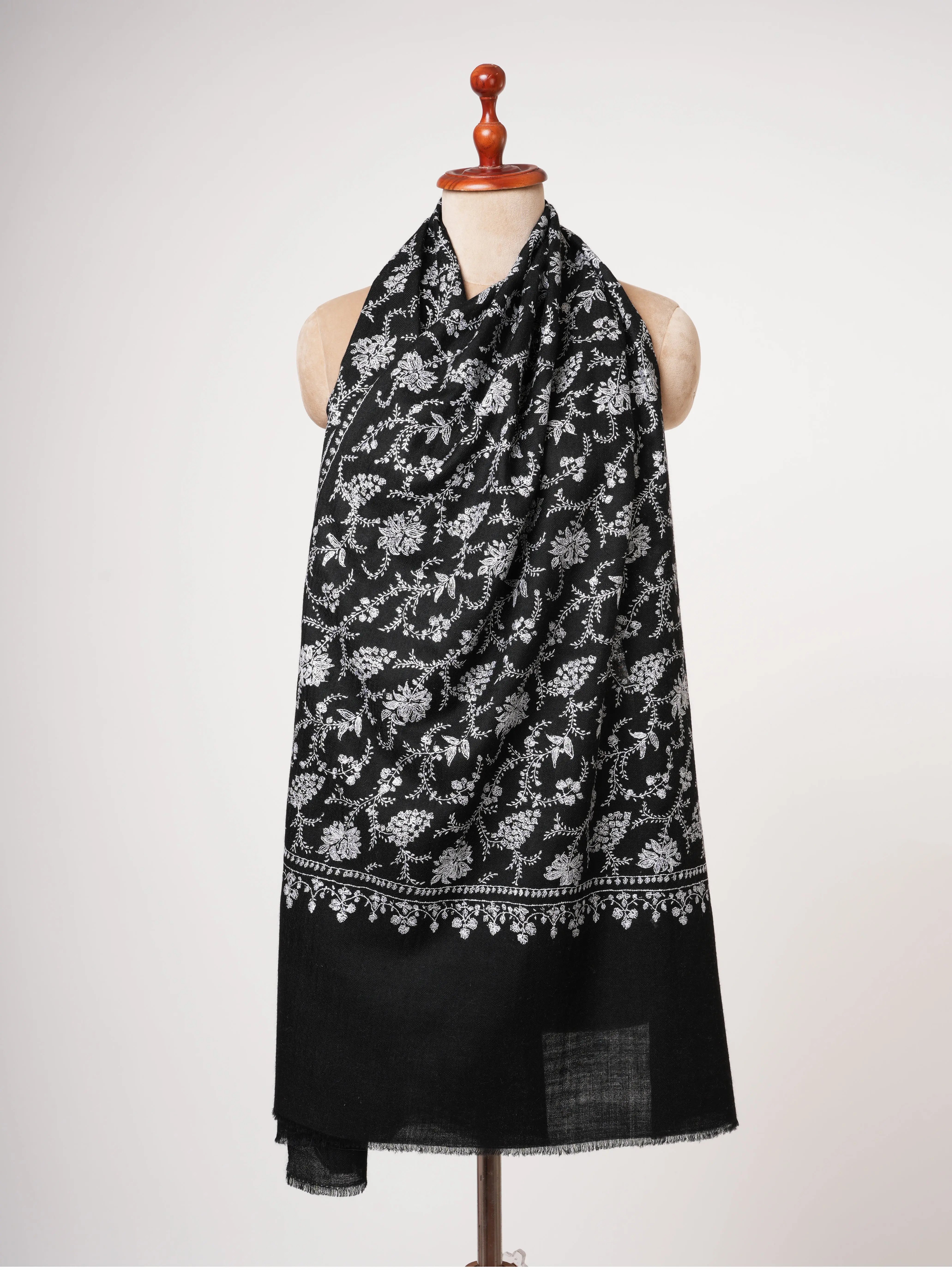 Black Baby Soft Cashmere Scarf with White Sozni Embroidery Shahkaar