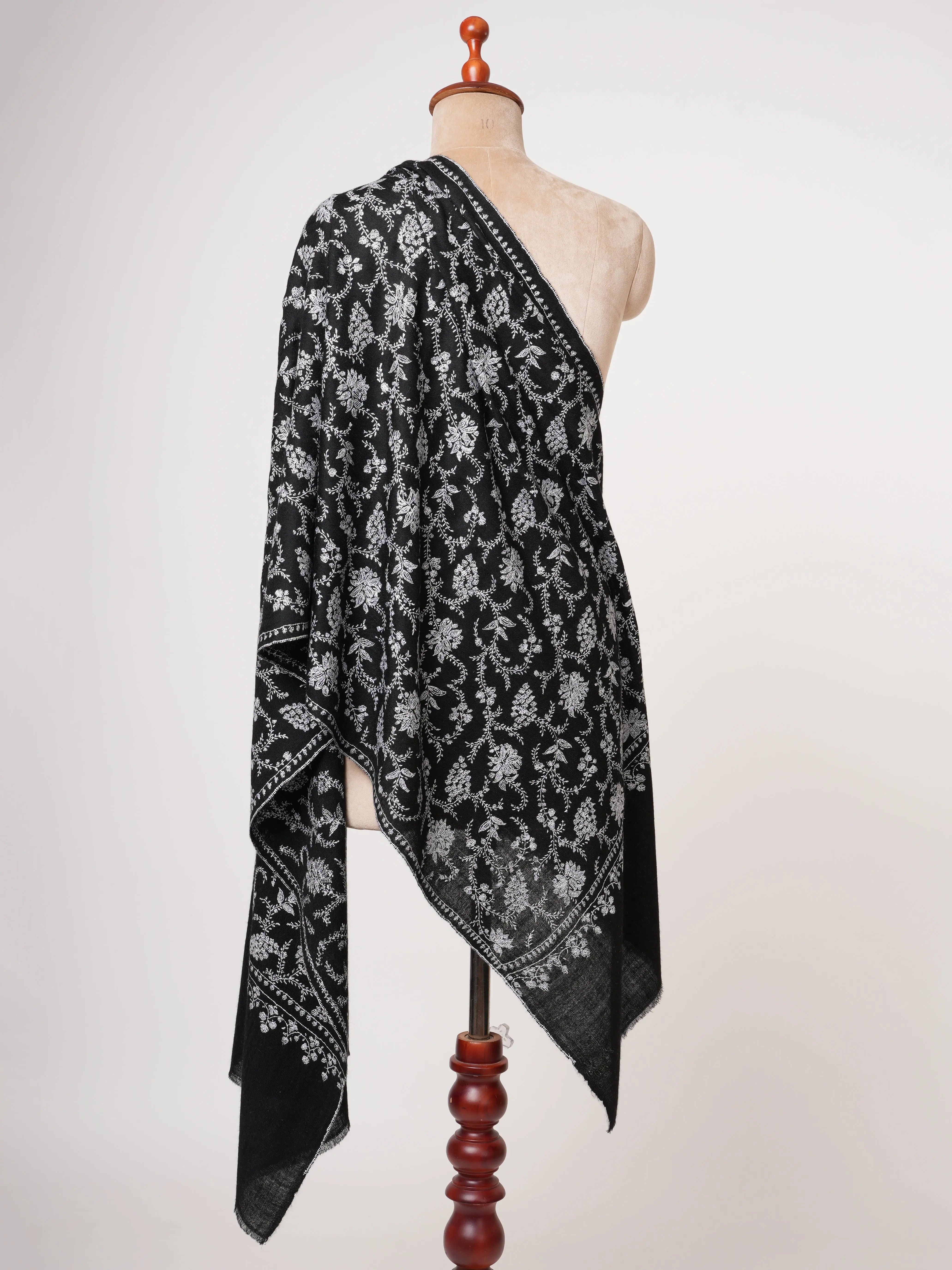 Black Baby Soft Cashmere Scarf with White Sozni Embroidery Shahkaar