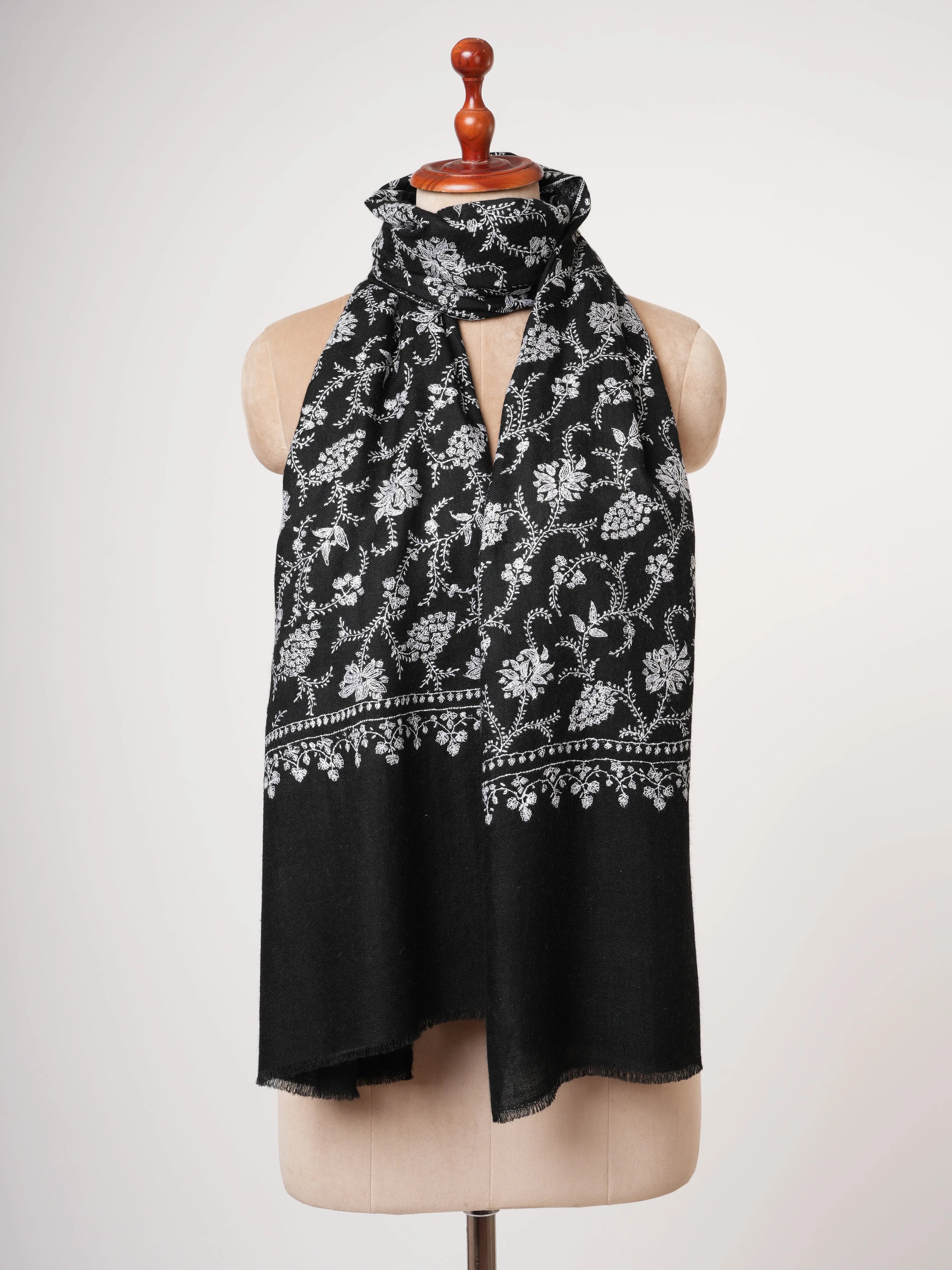 Black Baby Soft Cashmere Scarf with White Sozni Embroidery Shahkaar