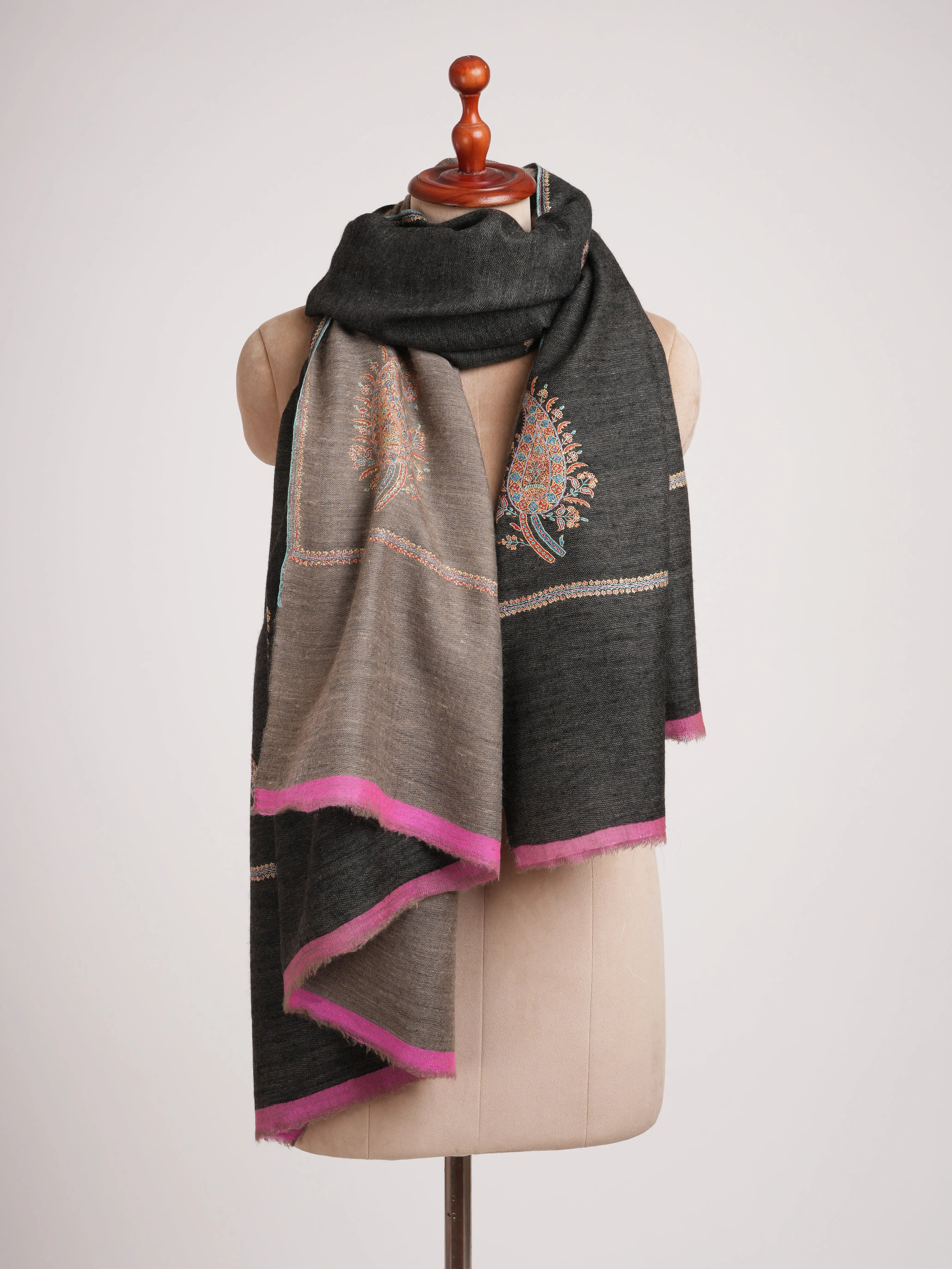 Black Beige Dorukha Pashmina Shawl with Paisley Buteh Embroidery Shahkaar