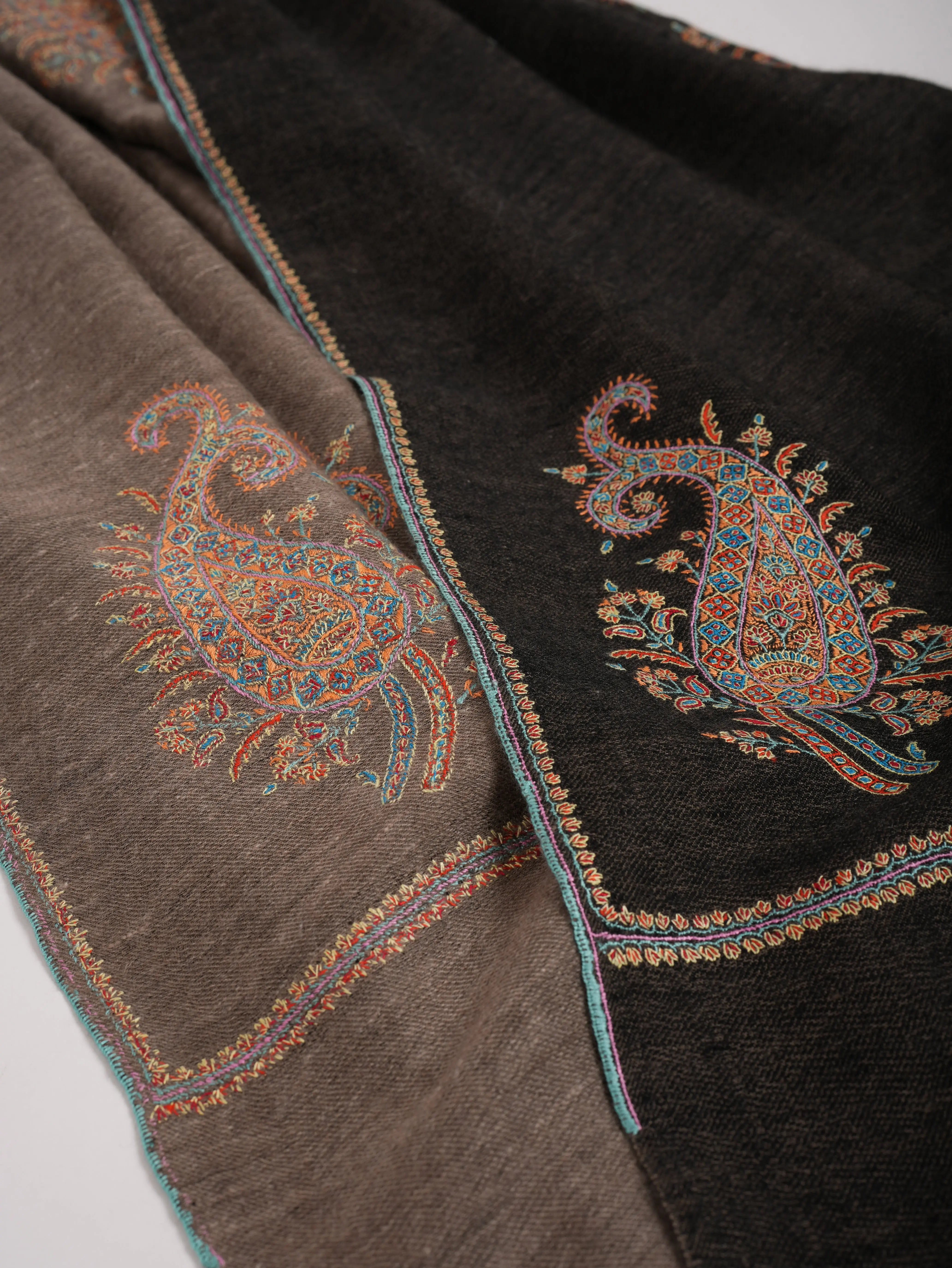 Black Beige Dorukha Pashmina Shawl with Paisley Buteh Embroidery Shahkaar