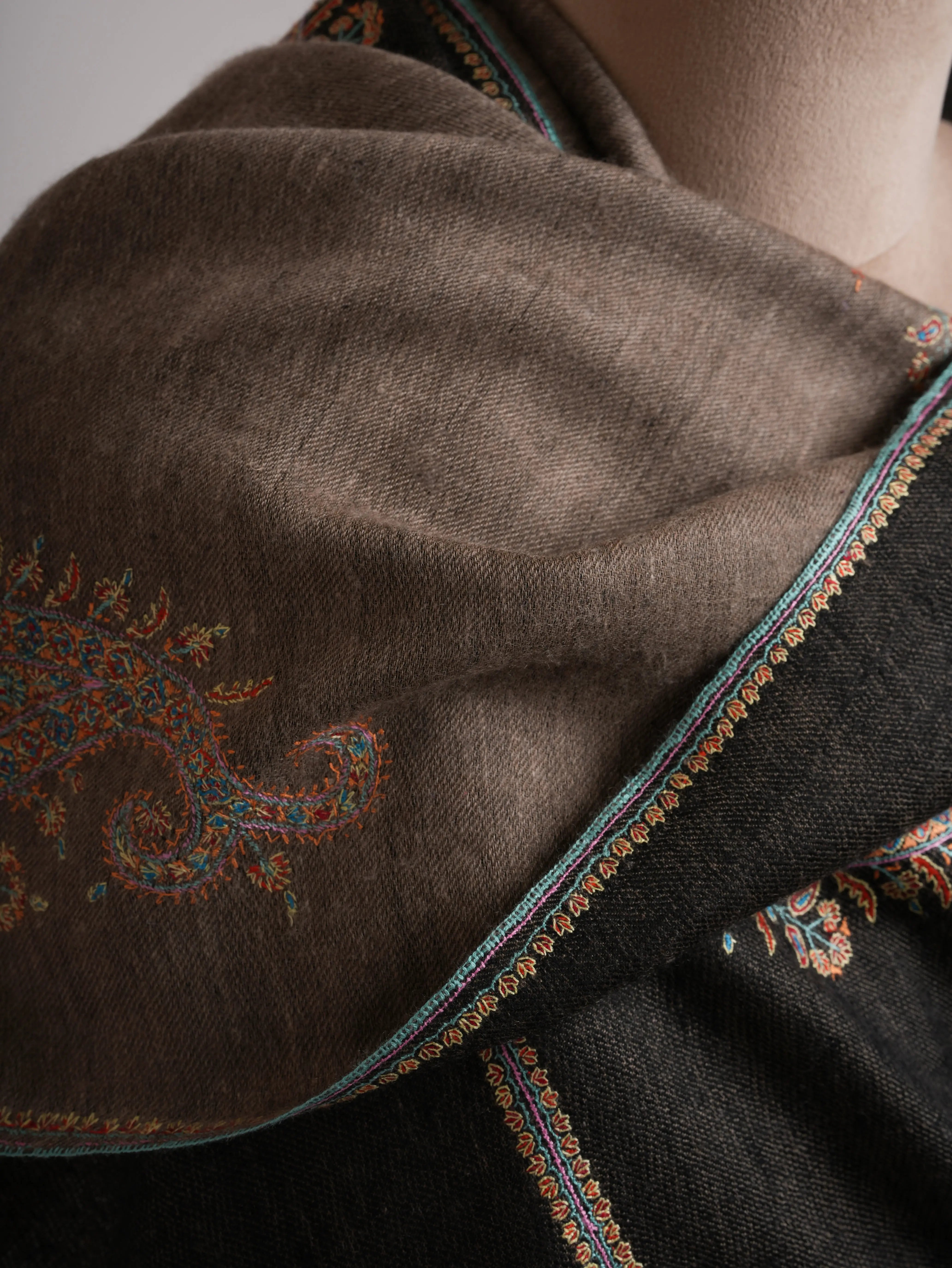 Black Beige Dorukha Pashmina Shawl with Paisley Buteh Embroidery Shahkaar