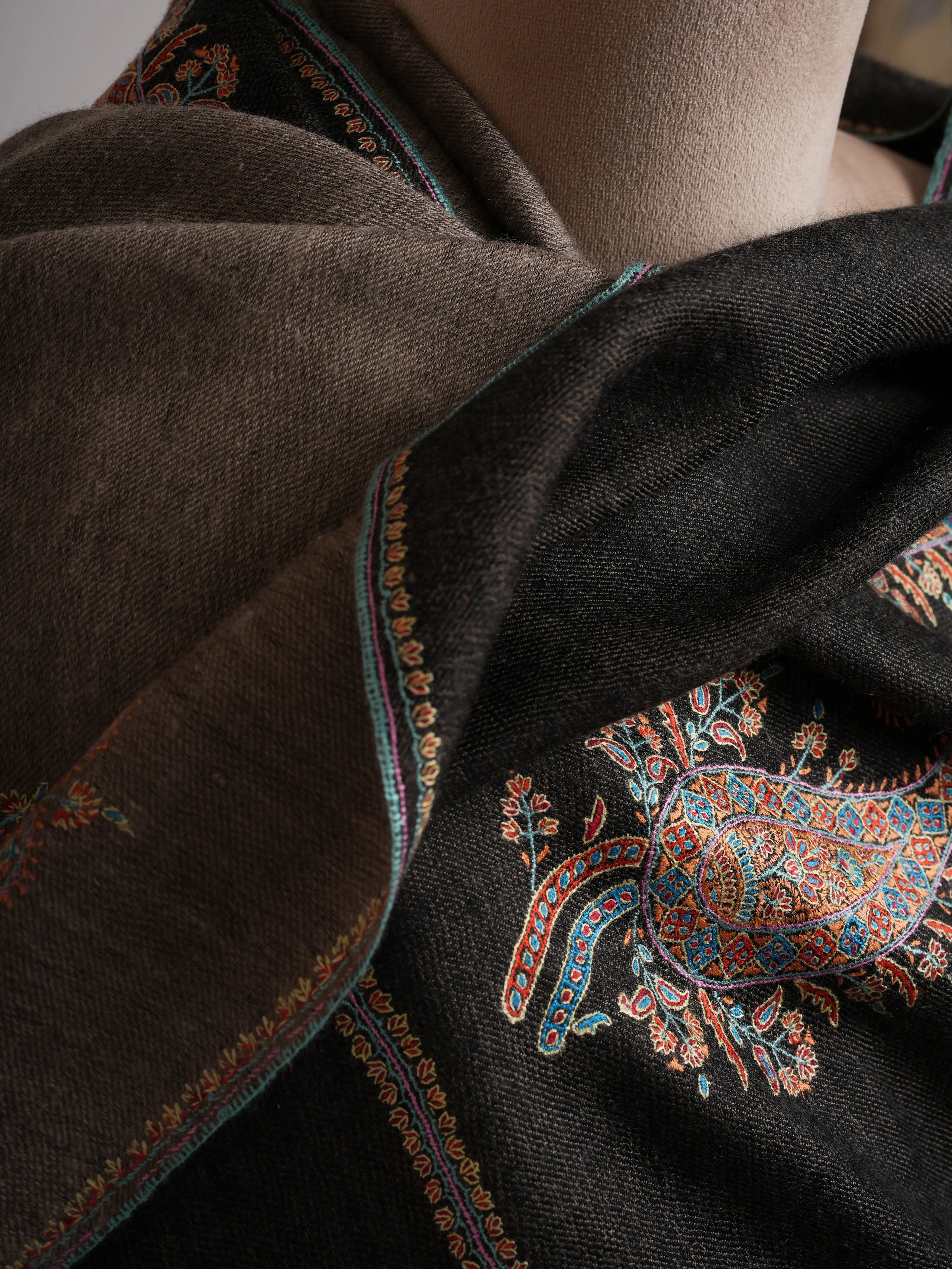 Black Beige Dorukha Pashmina Shawl with Paisley Buteh Embroidery Shahkaar