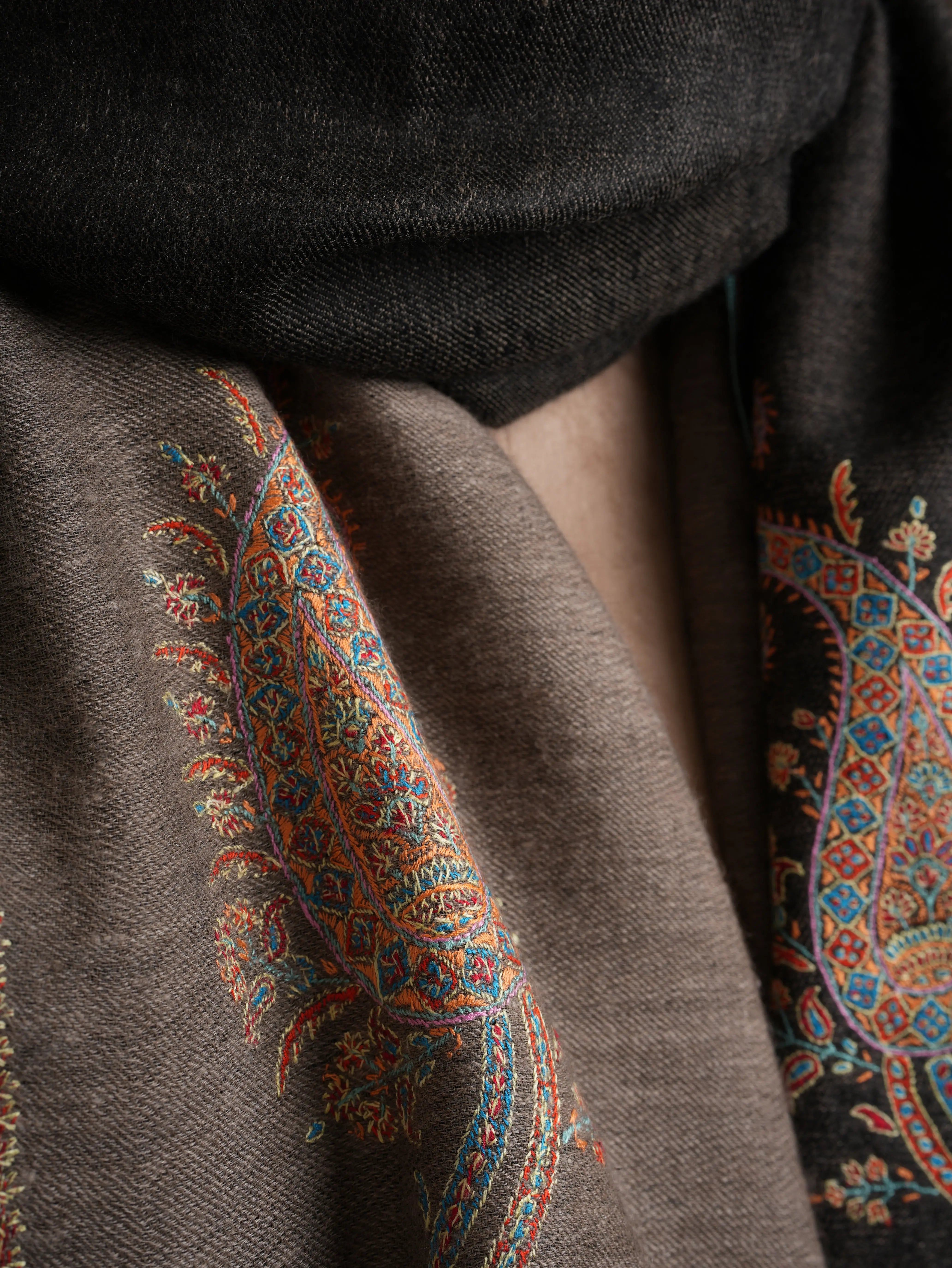 Black Beige Dorukha Pashmina Shawl with Paisley Buteh Embroidery Shahkaar