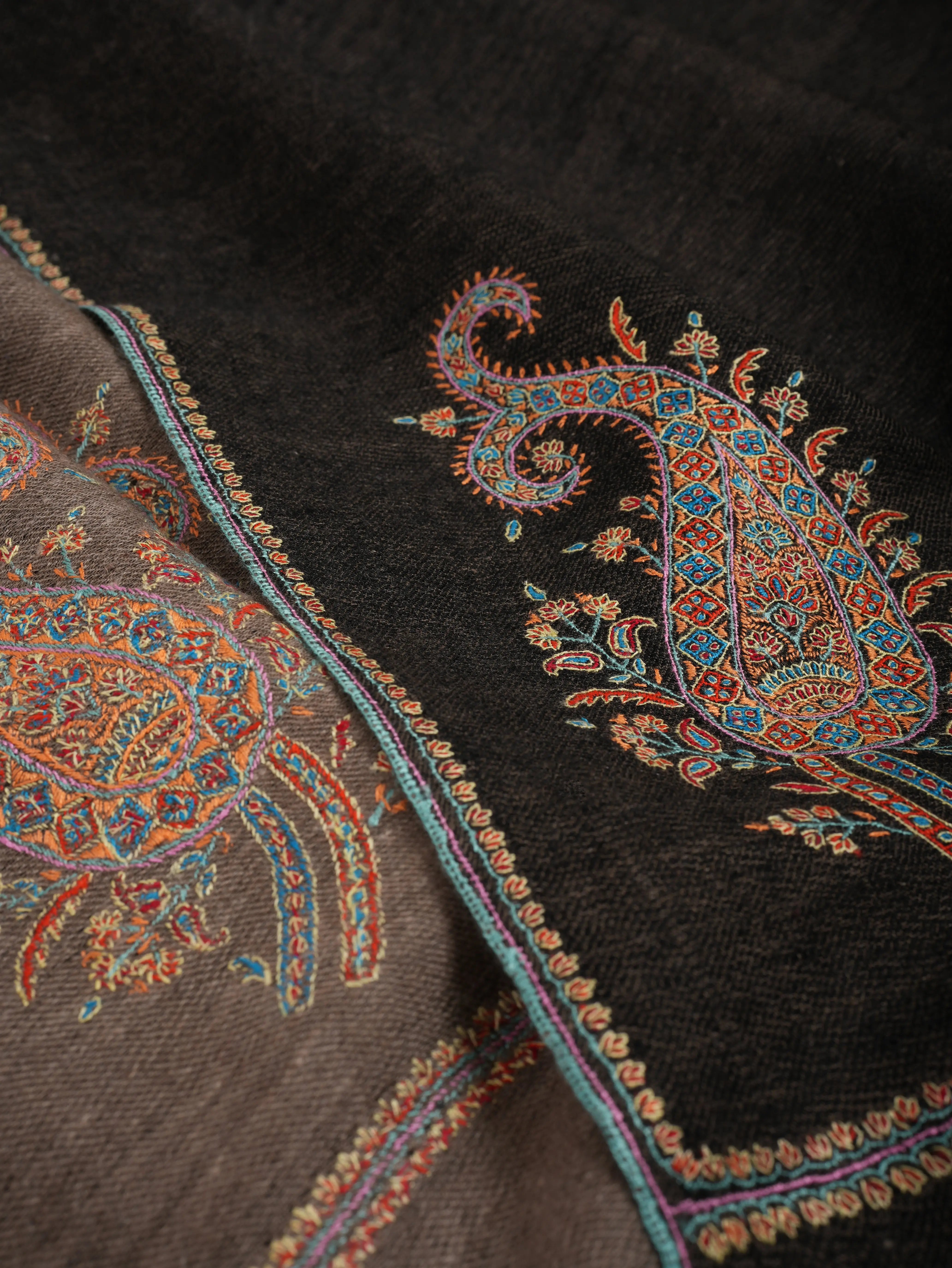 Black Beige Dorukha Pashmina Shawl with Paisley Buteh Embroidery Shahkaar
