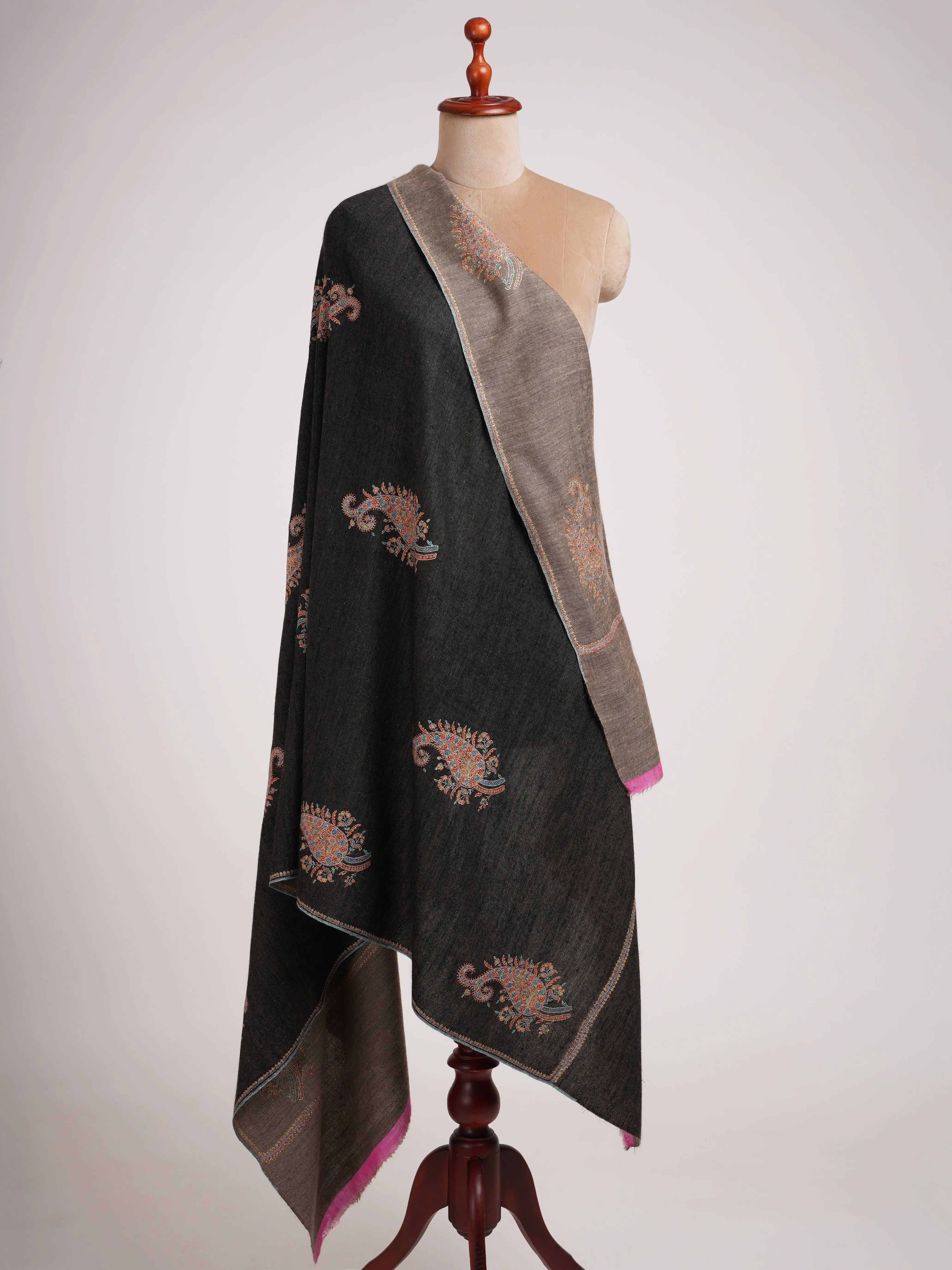 Black Beige Dorukha Pashmina Shawl with Paisley Buteh Embroidery Shahkaar