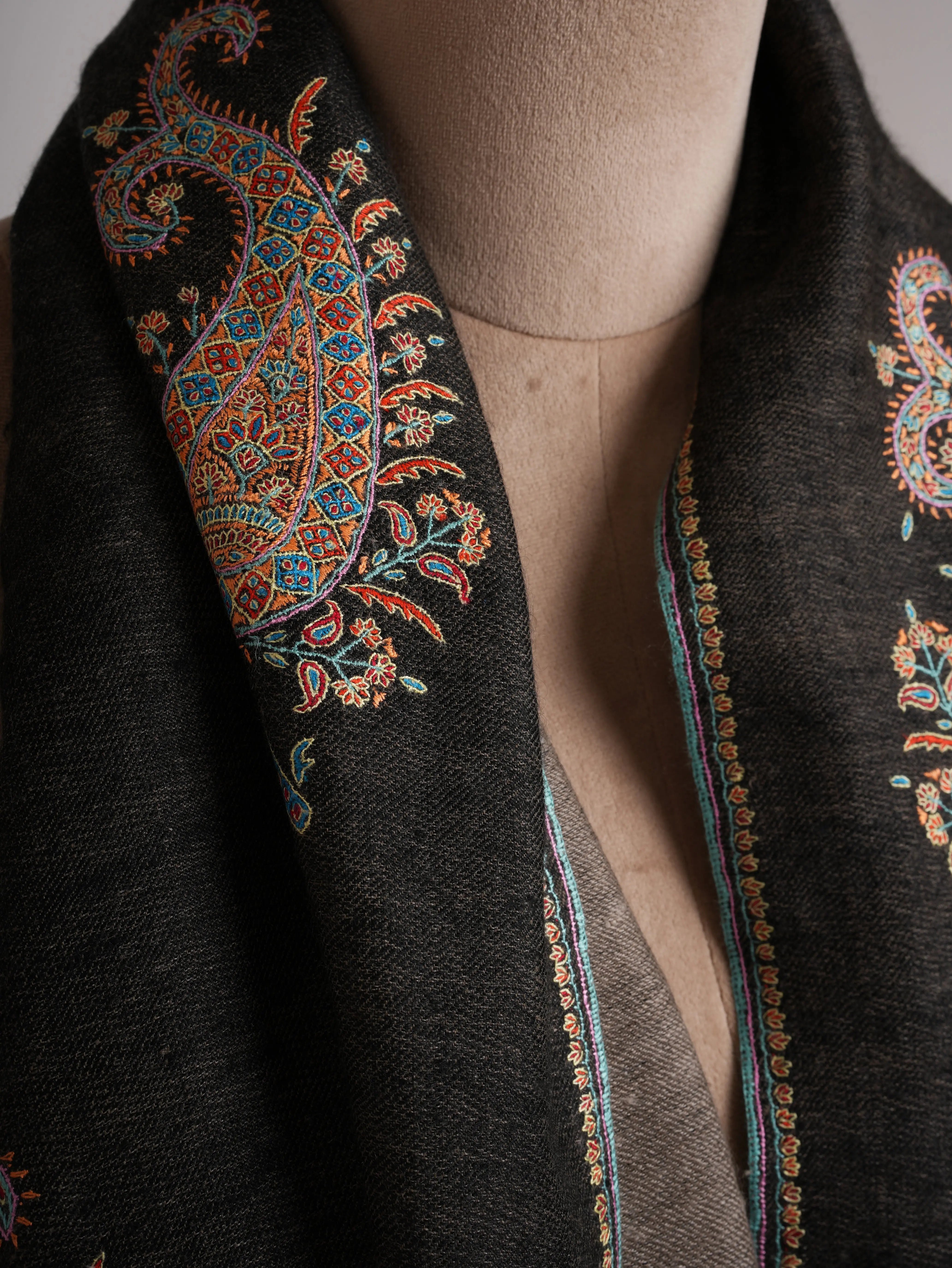 Black Beige Dorukha Pashmina Shawl with Paisley Buteh Embroidery Shahkaar