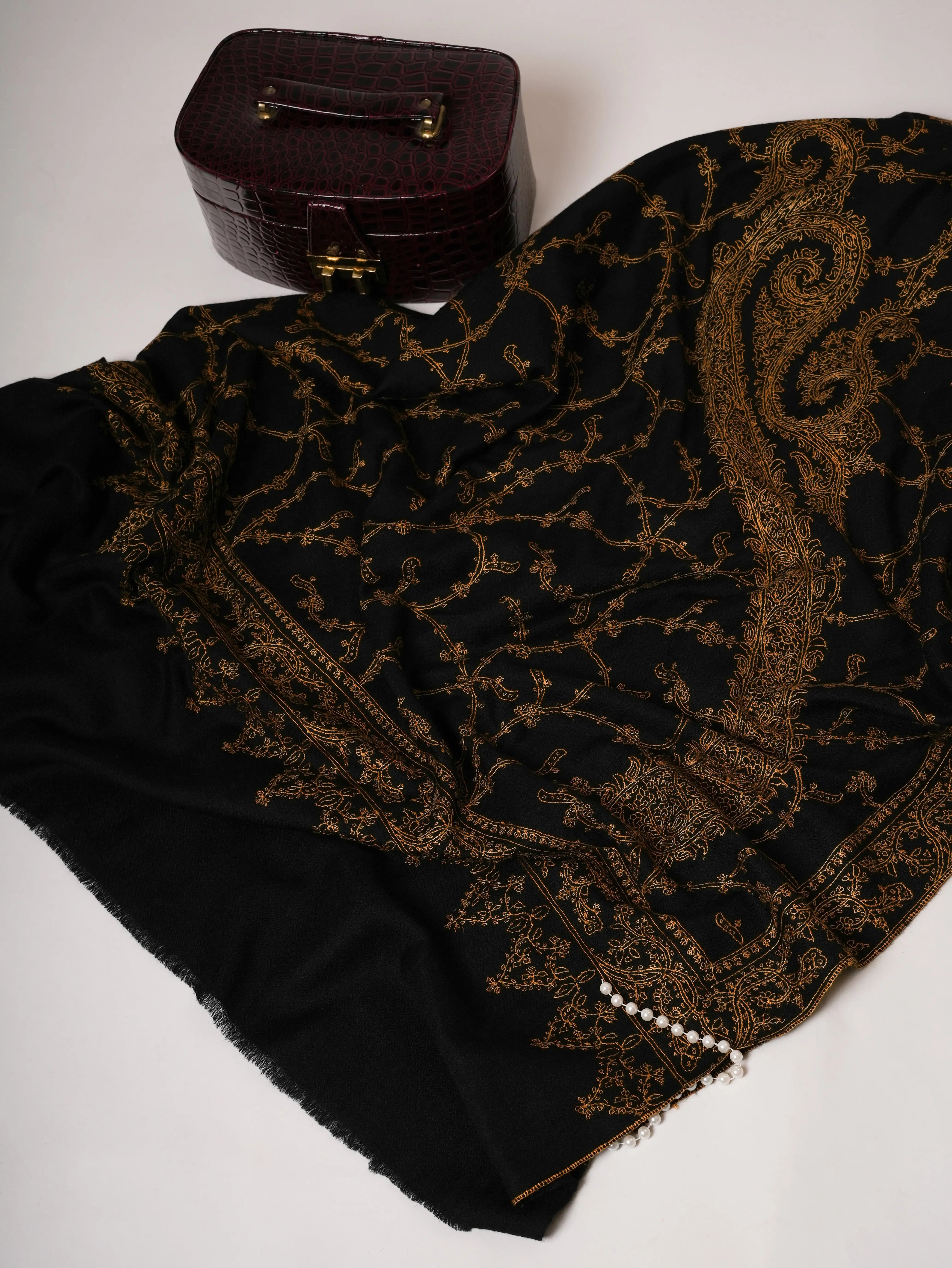 Black Big Paisley Embroidered Oversized Pure Pashmina Shawl Shahkaar