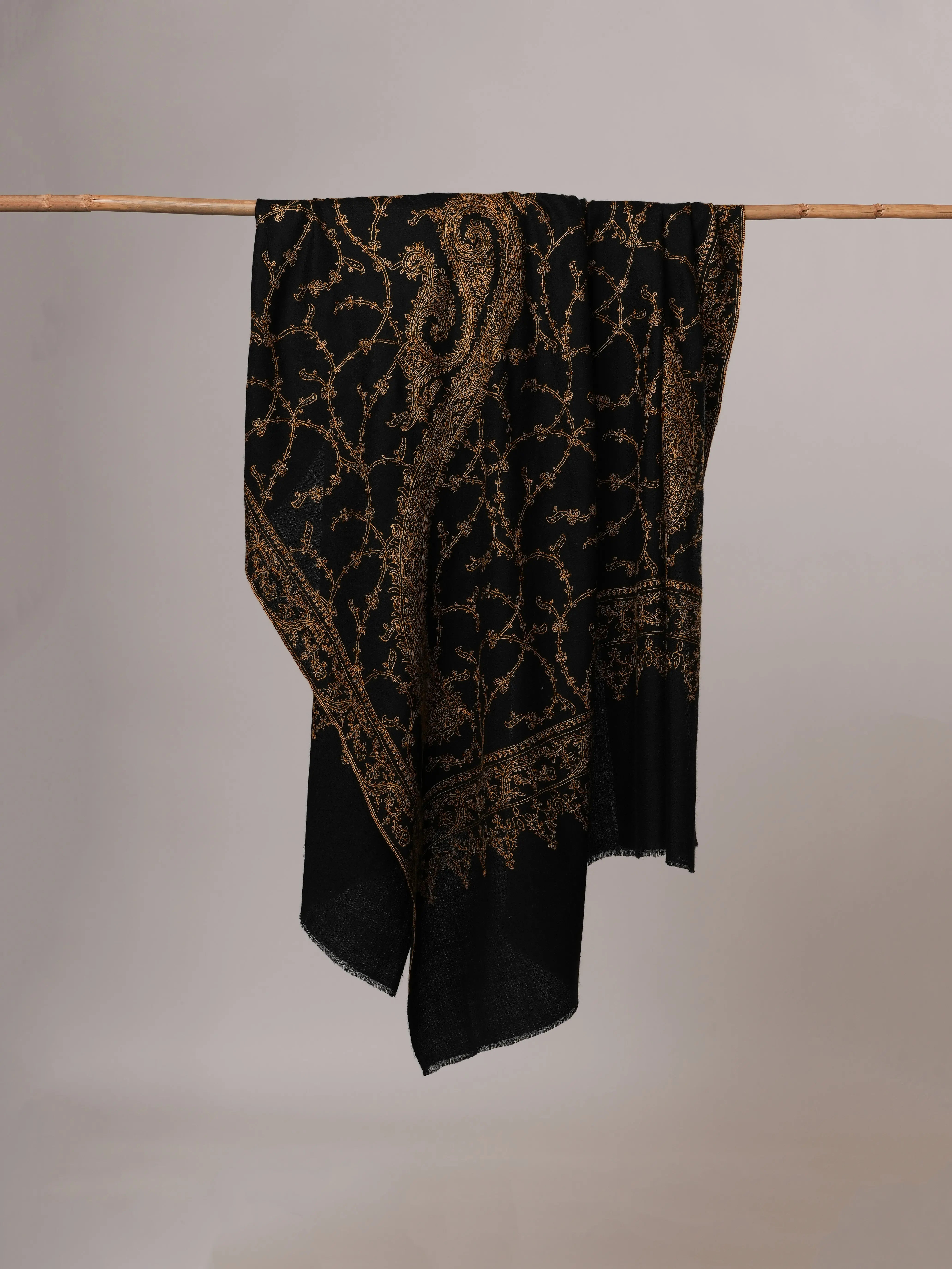 Black Big Paisley Embroidered Oversized Pure Pashmina Shawl Shahkaar