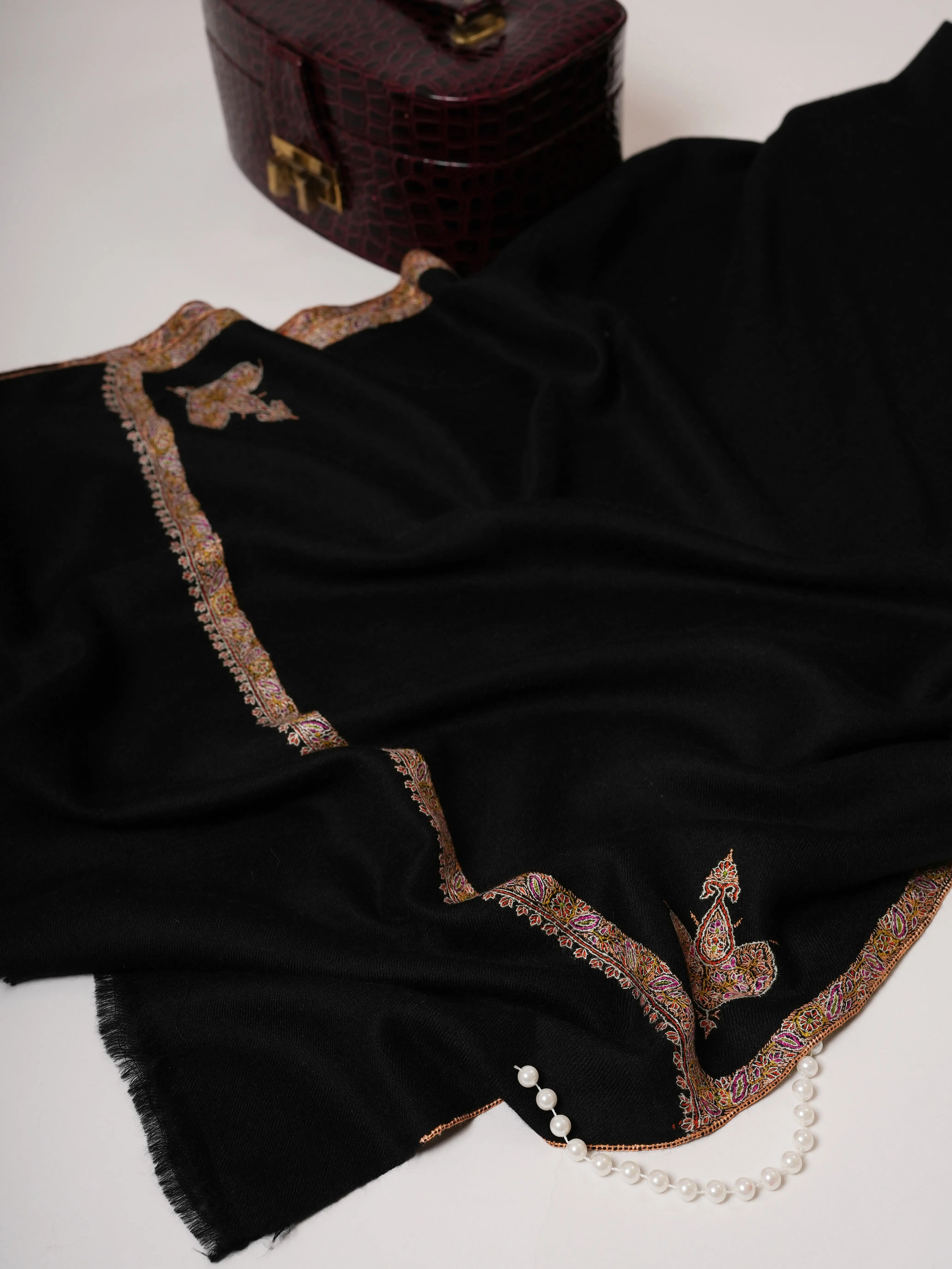 Black Cashmere Scarf with Bail Hand Embroidery Shahkaar