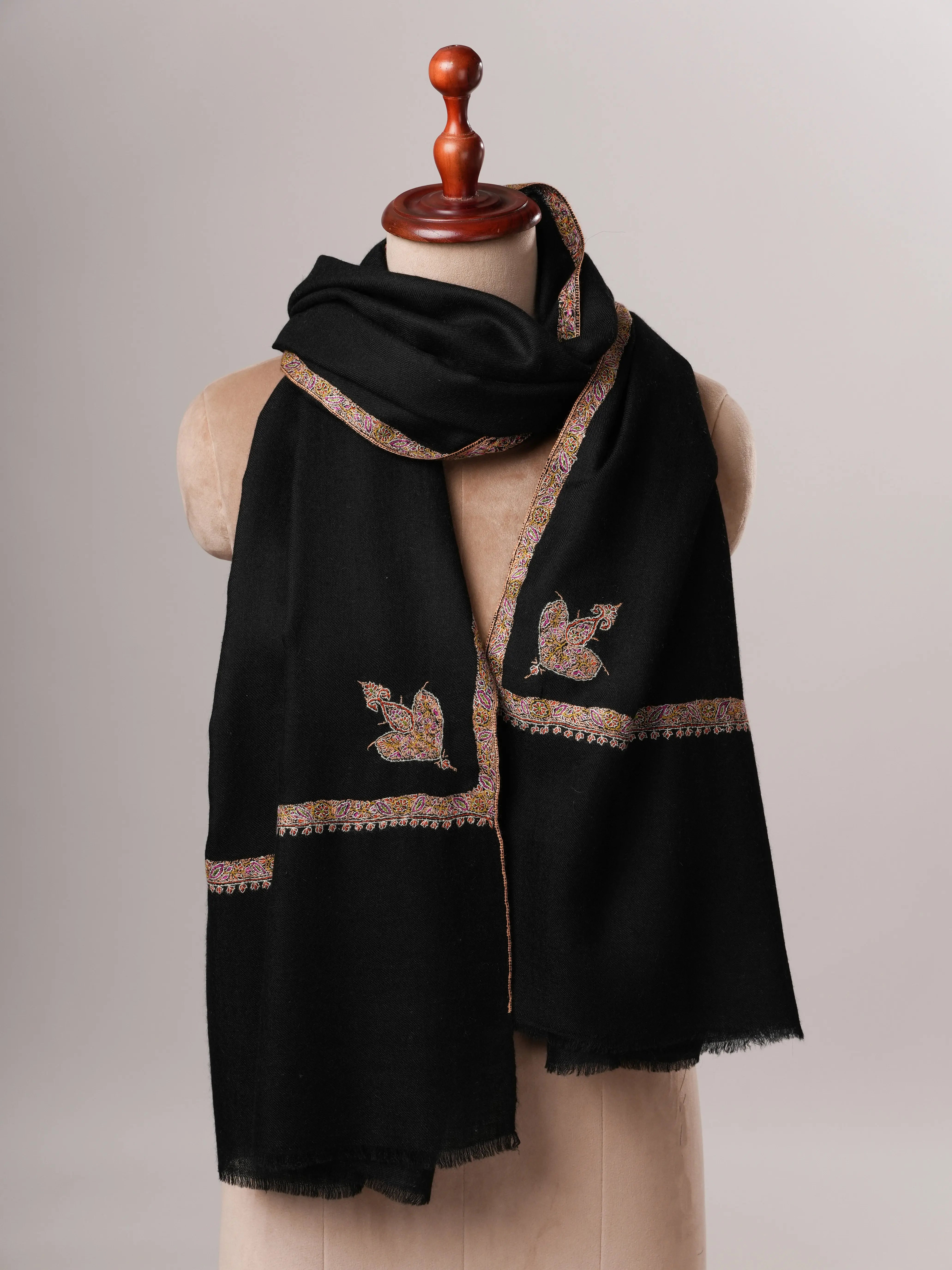 Black Cashmere Scarf with Bail Hand Embroidery Shahkaar