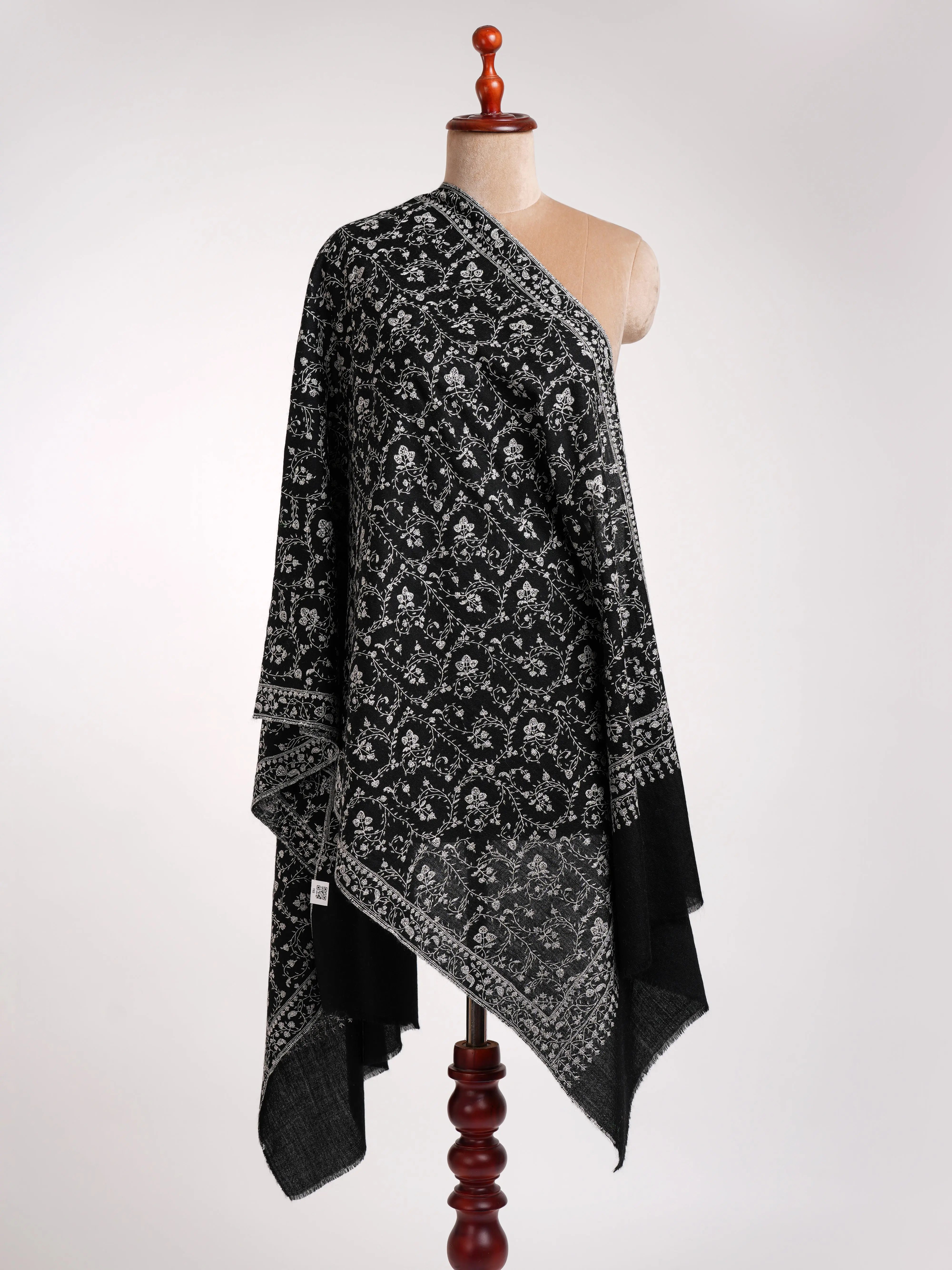 Black Cashmere Stole with Grey Sozni Embroidery Shahkaar