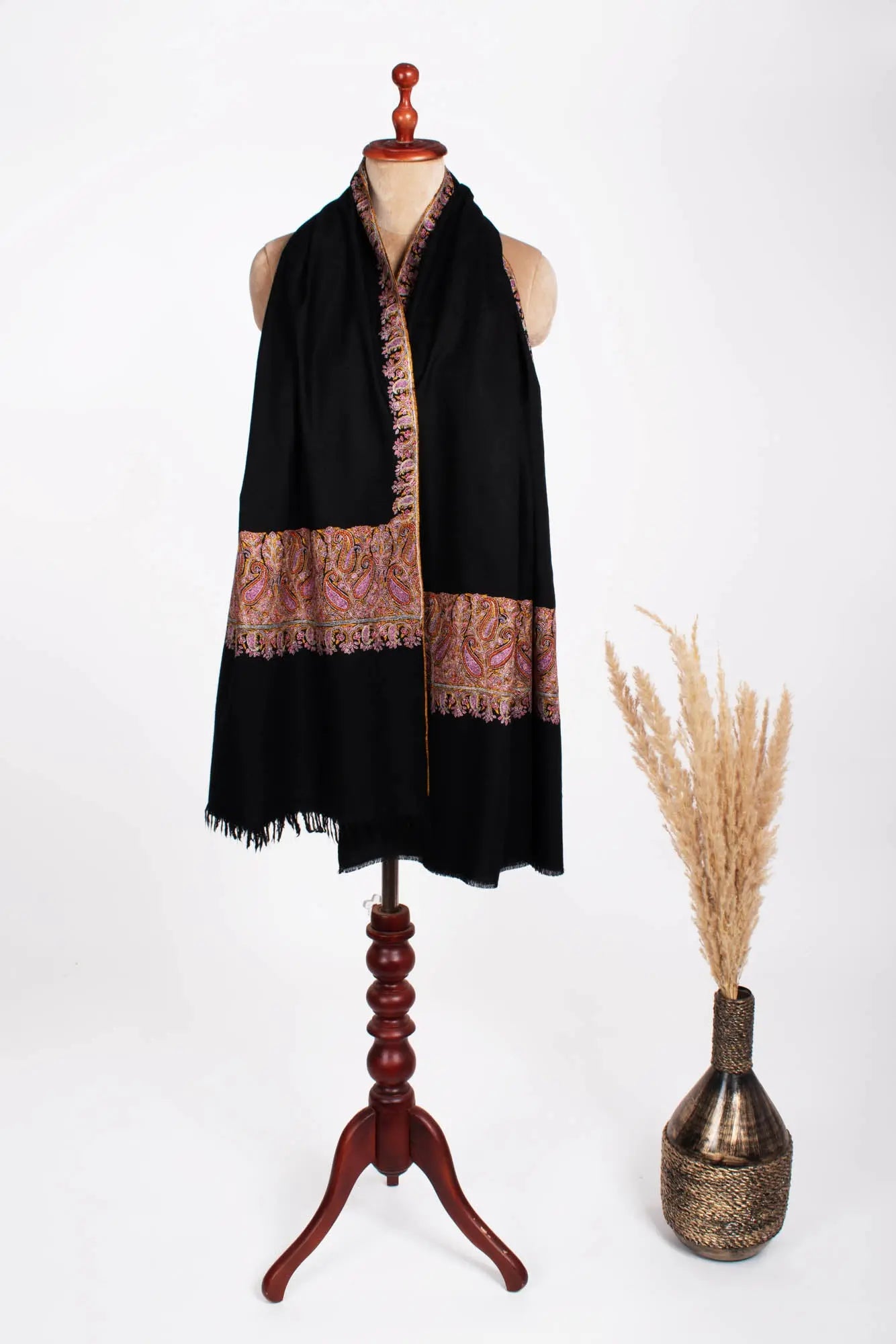 Black Embroidered Indian Pashmina Shawl Shahkaar