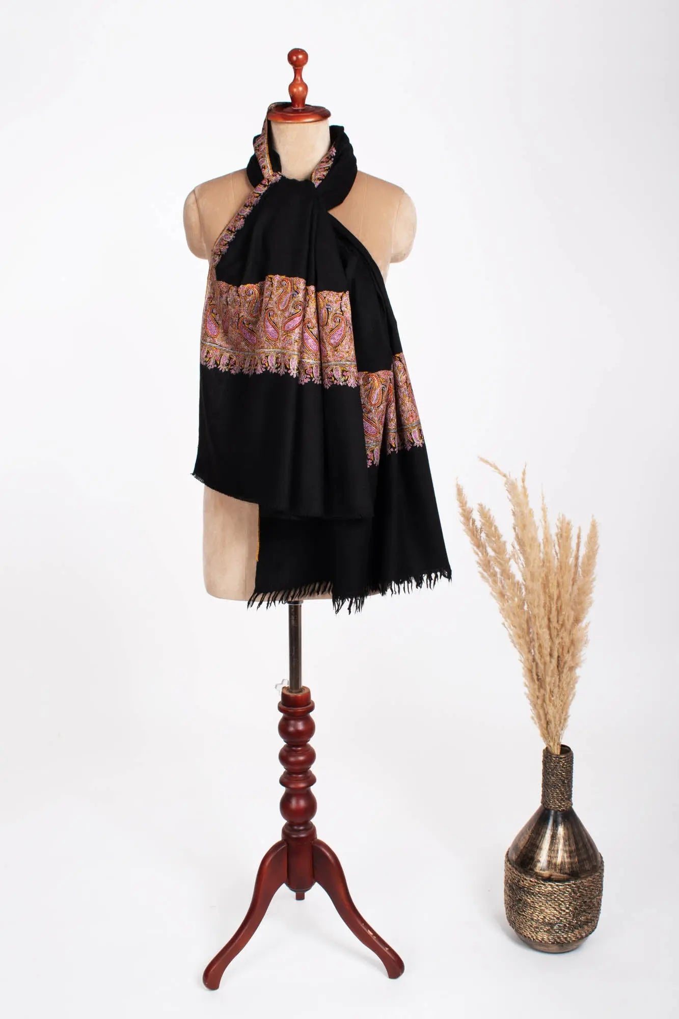 Black Embroidered Indian Pashmina Shawl Shahkaar