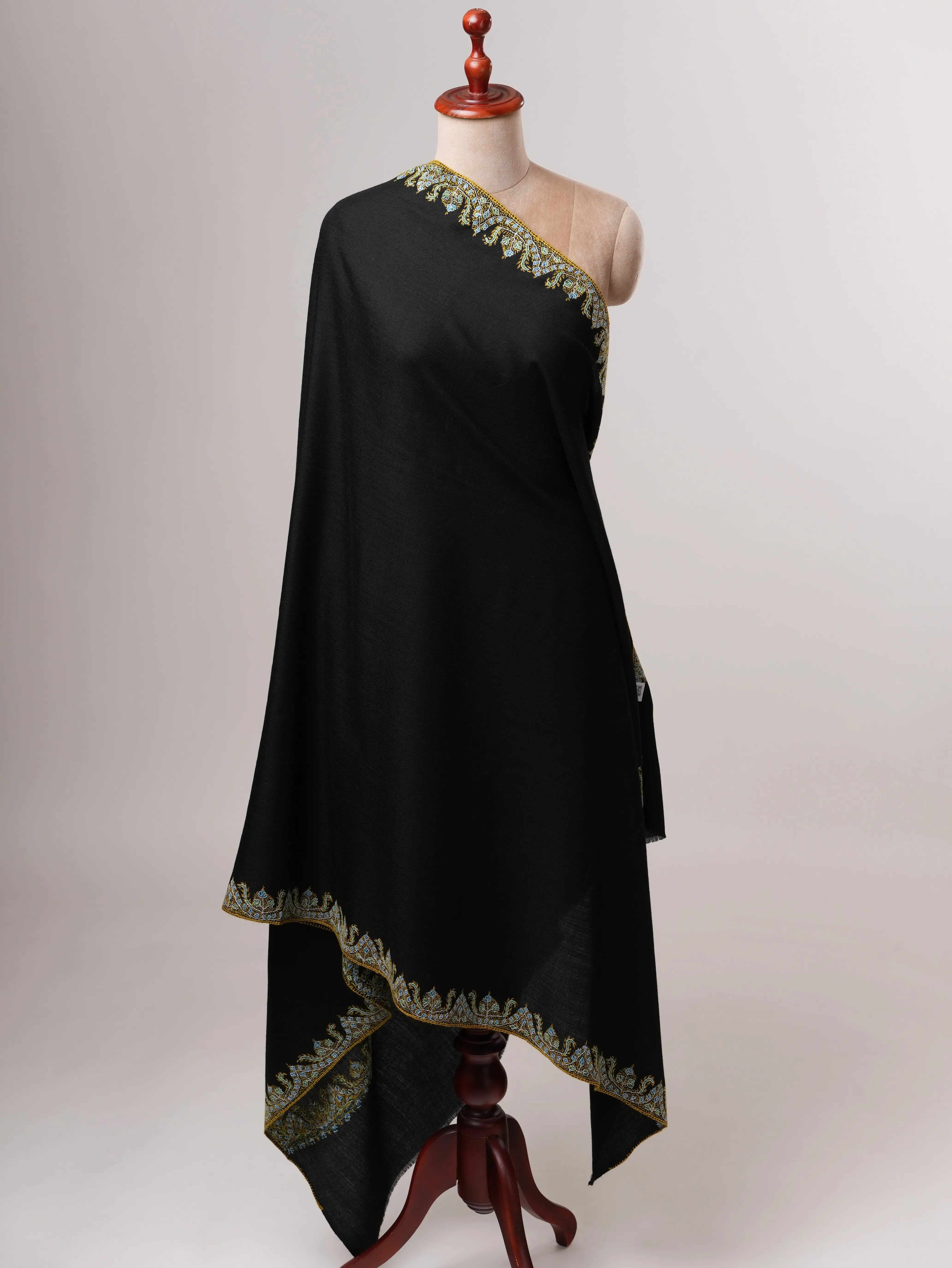 Black Fine Wool Indian Shawl with Neemdaur Embroidery Shahkaar