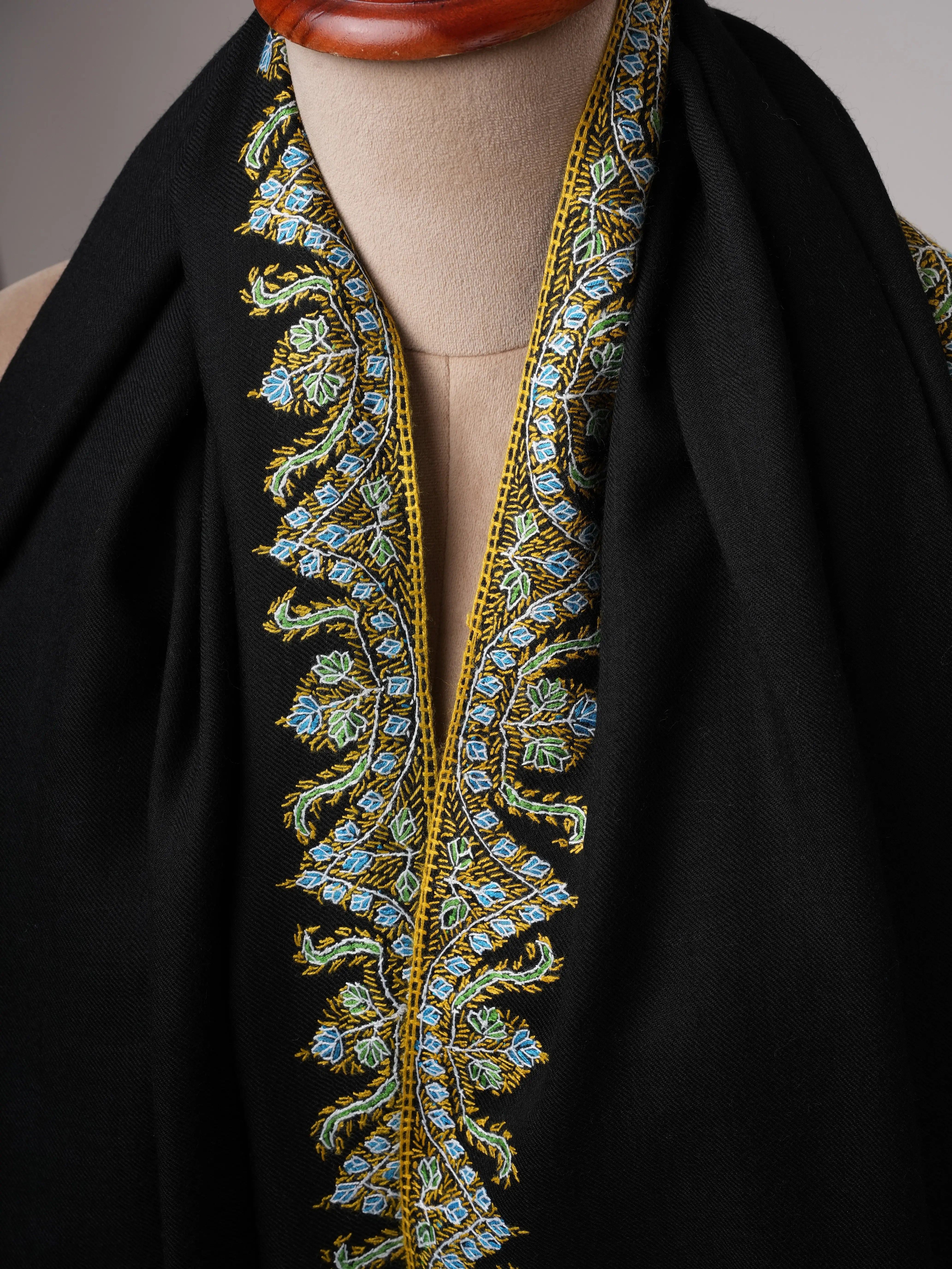 Black Fine Wool Indian Shawl with Neemdaur Embroidery Shahkaar