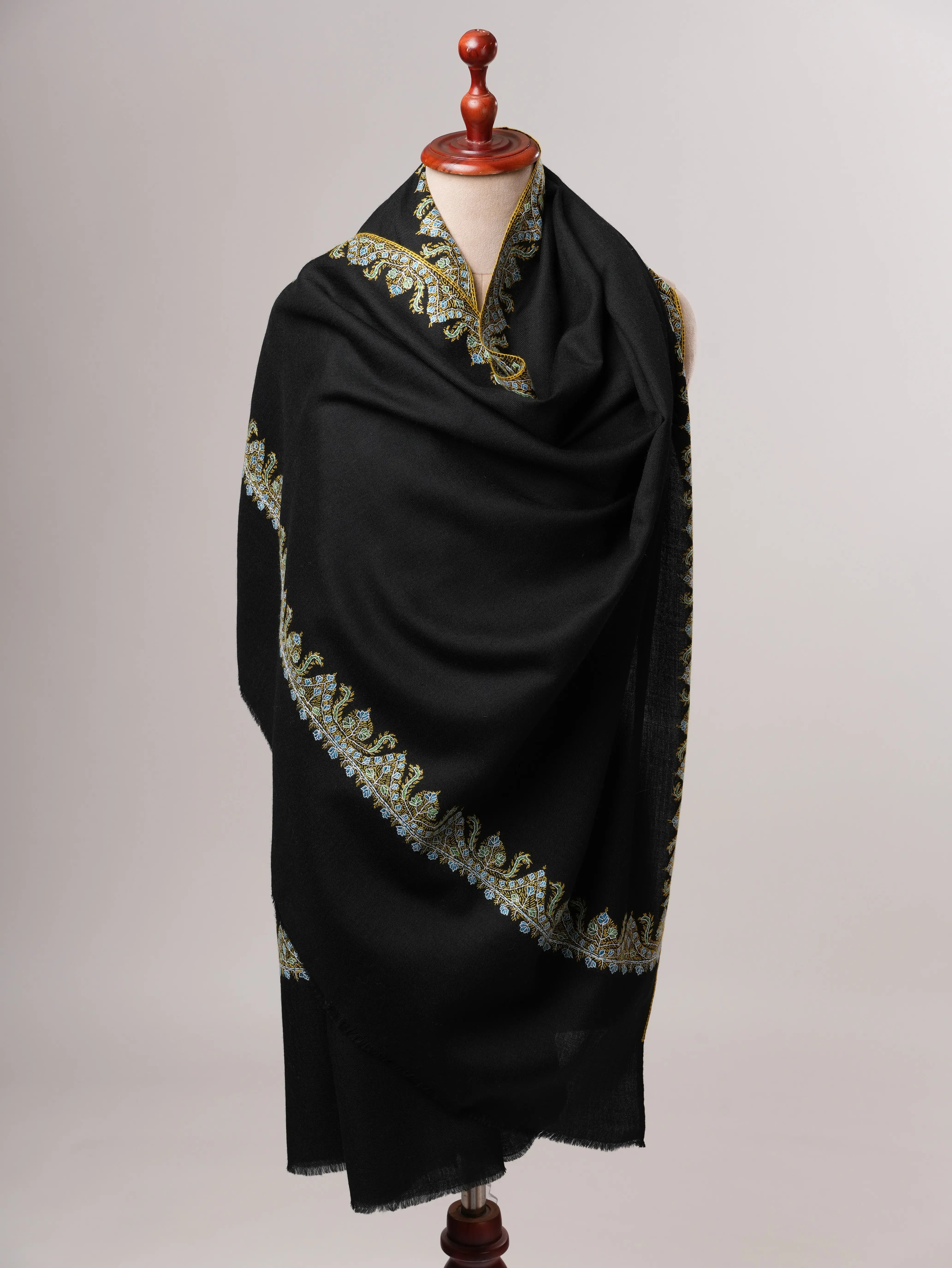 Black Fine Wool Indian Shawl with Neemdaur Embroidery Shahkaar