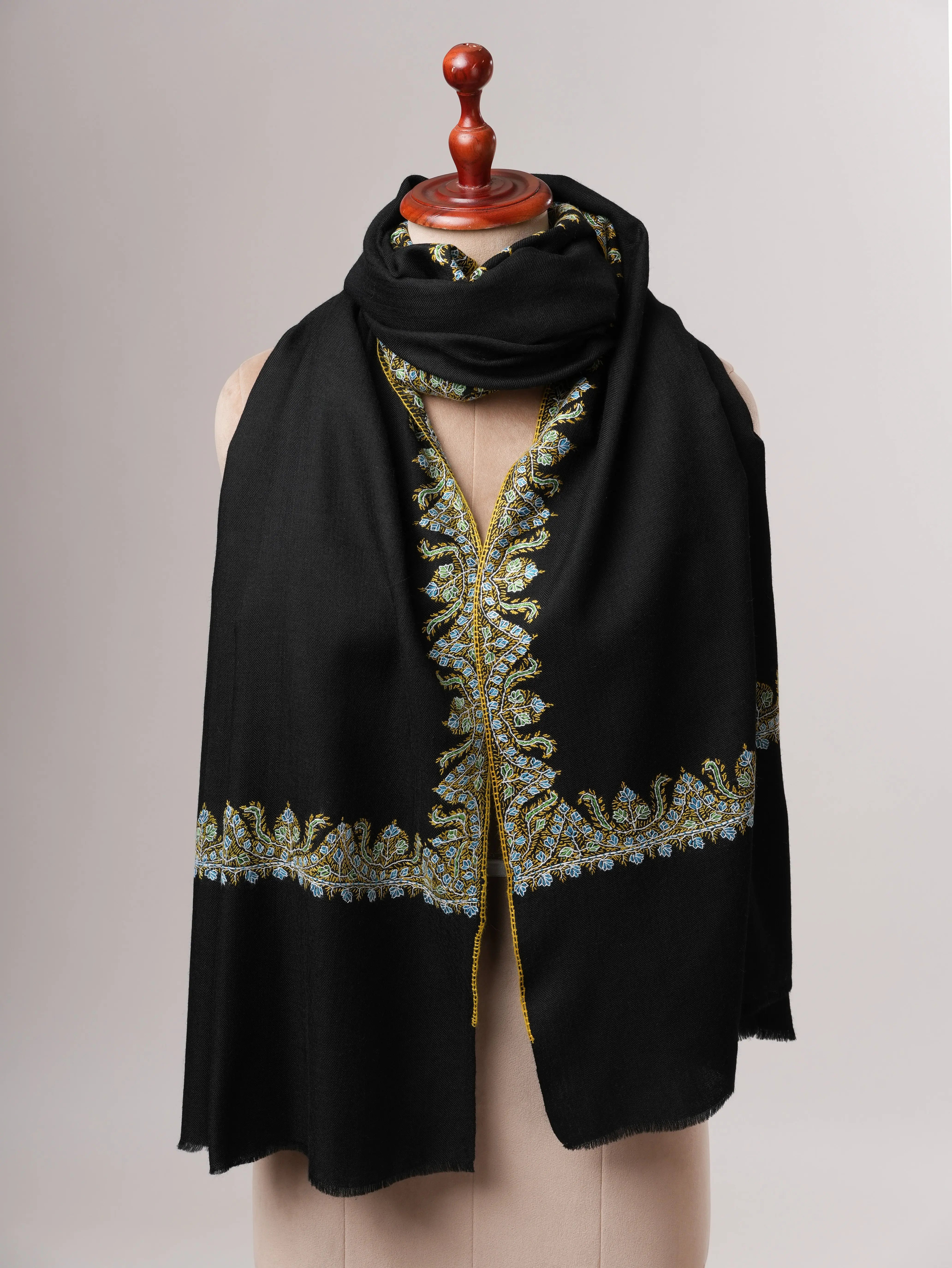 Black Fine Wool Indian Shawl with Neemdaur Embroidery Shahkaar