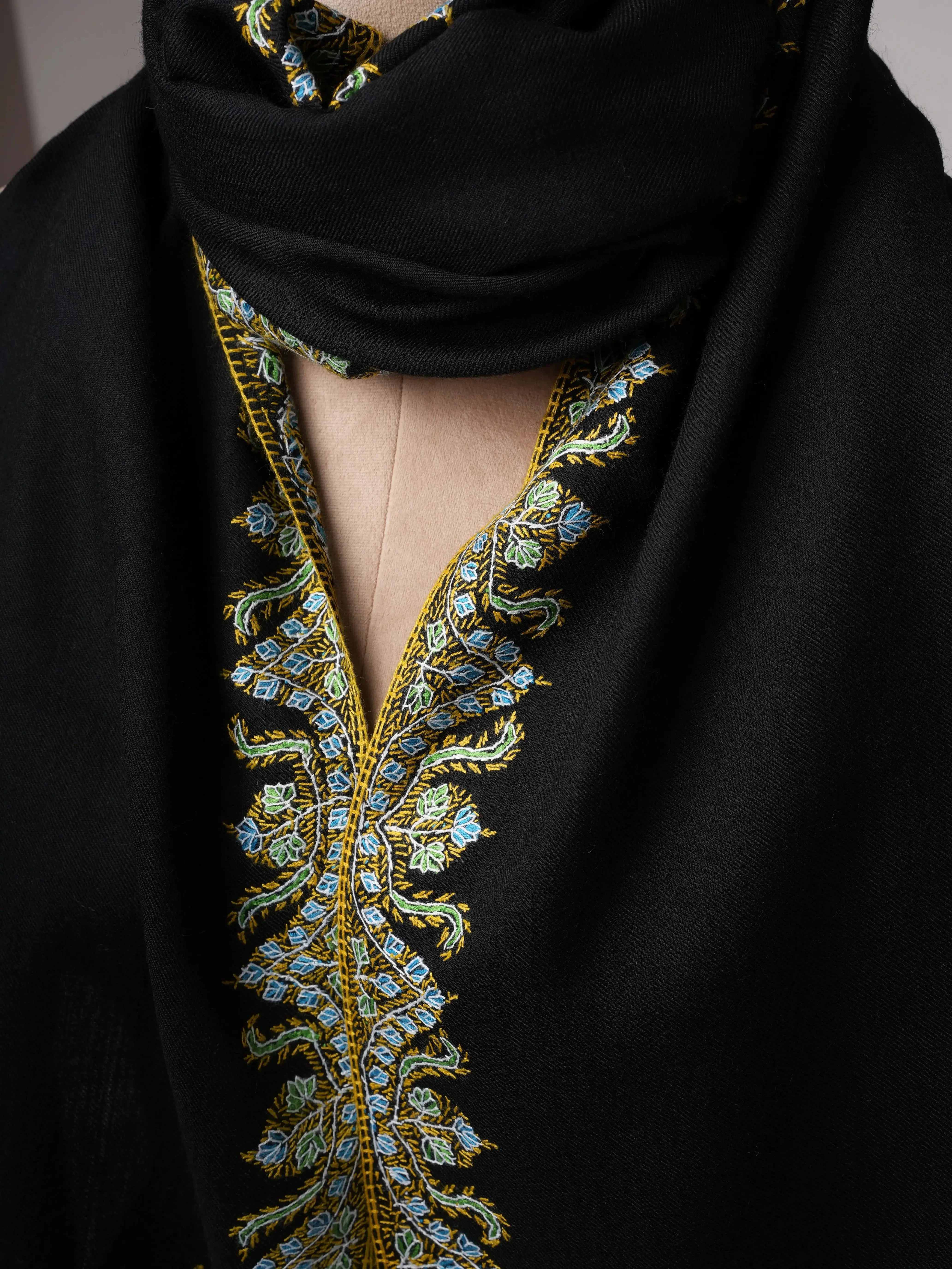 Black Fine Wool Indian Shawl with Neemdaur Embroidery Shahkaar
