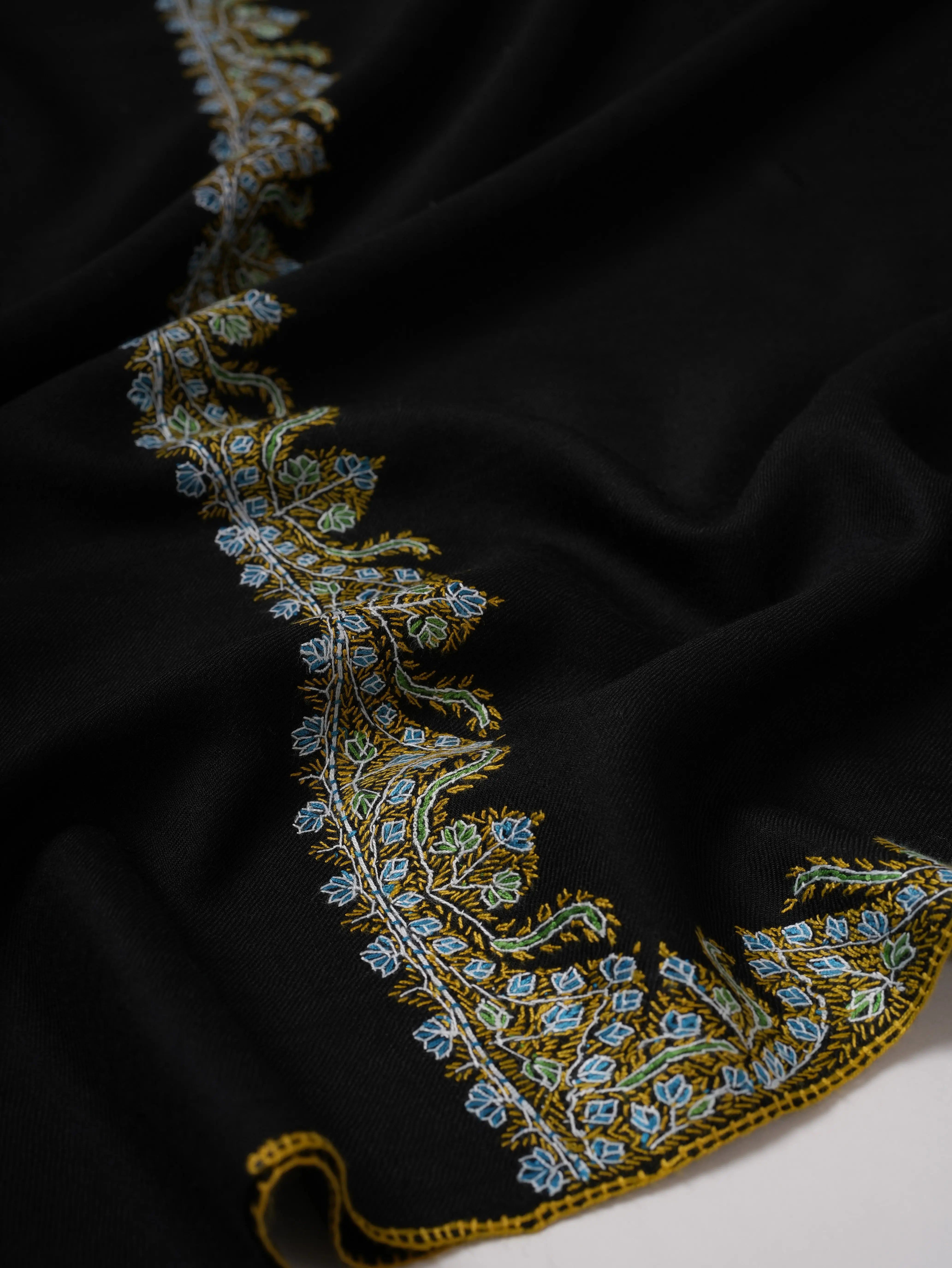Black Fine Wool Indian Shawl with Neemdaur Embroidery Shahkaar