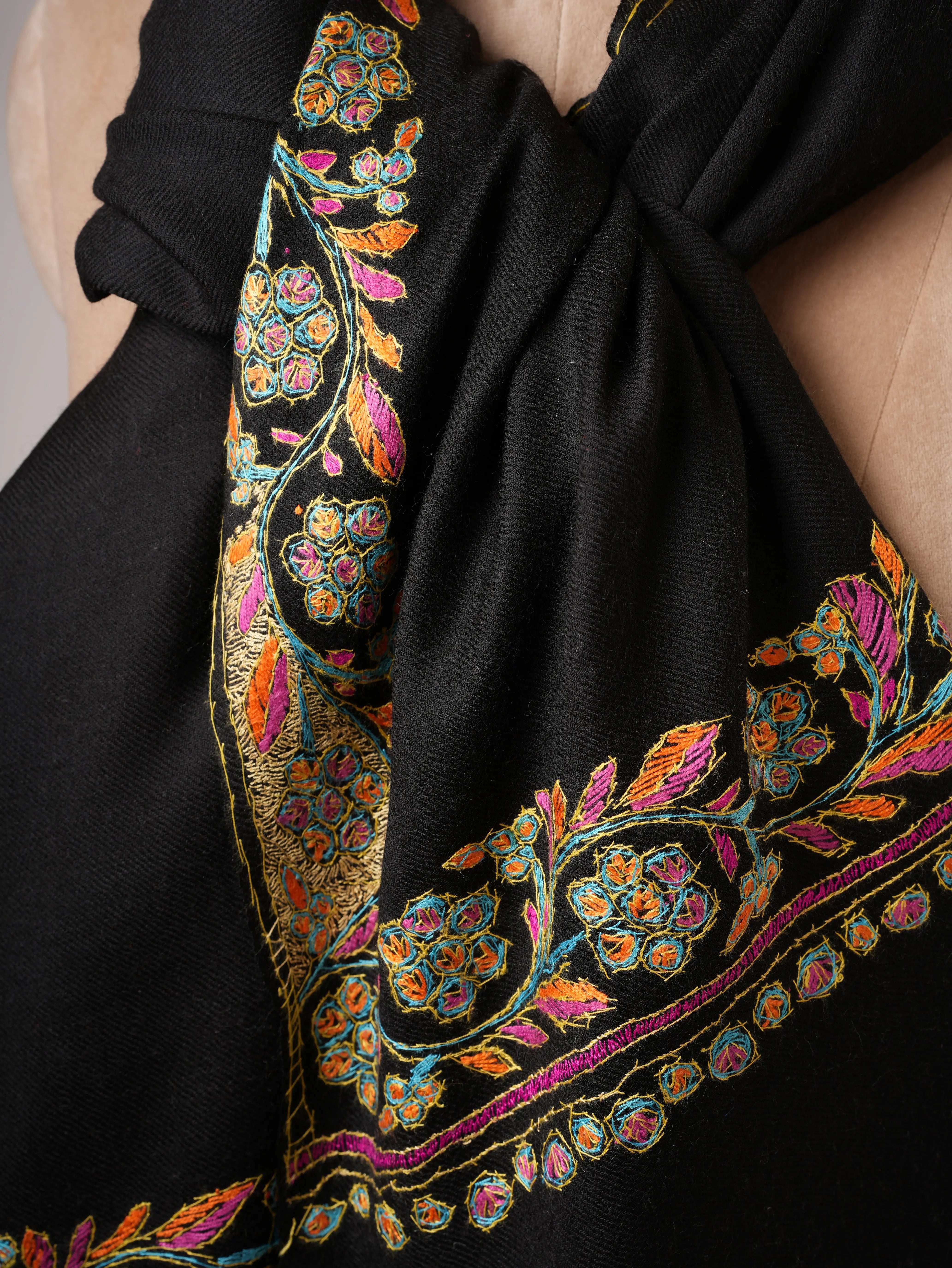 Black Fine Wool Scarf with Artisan Hand Stitching Shahkaar