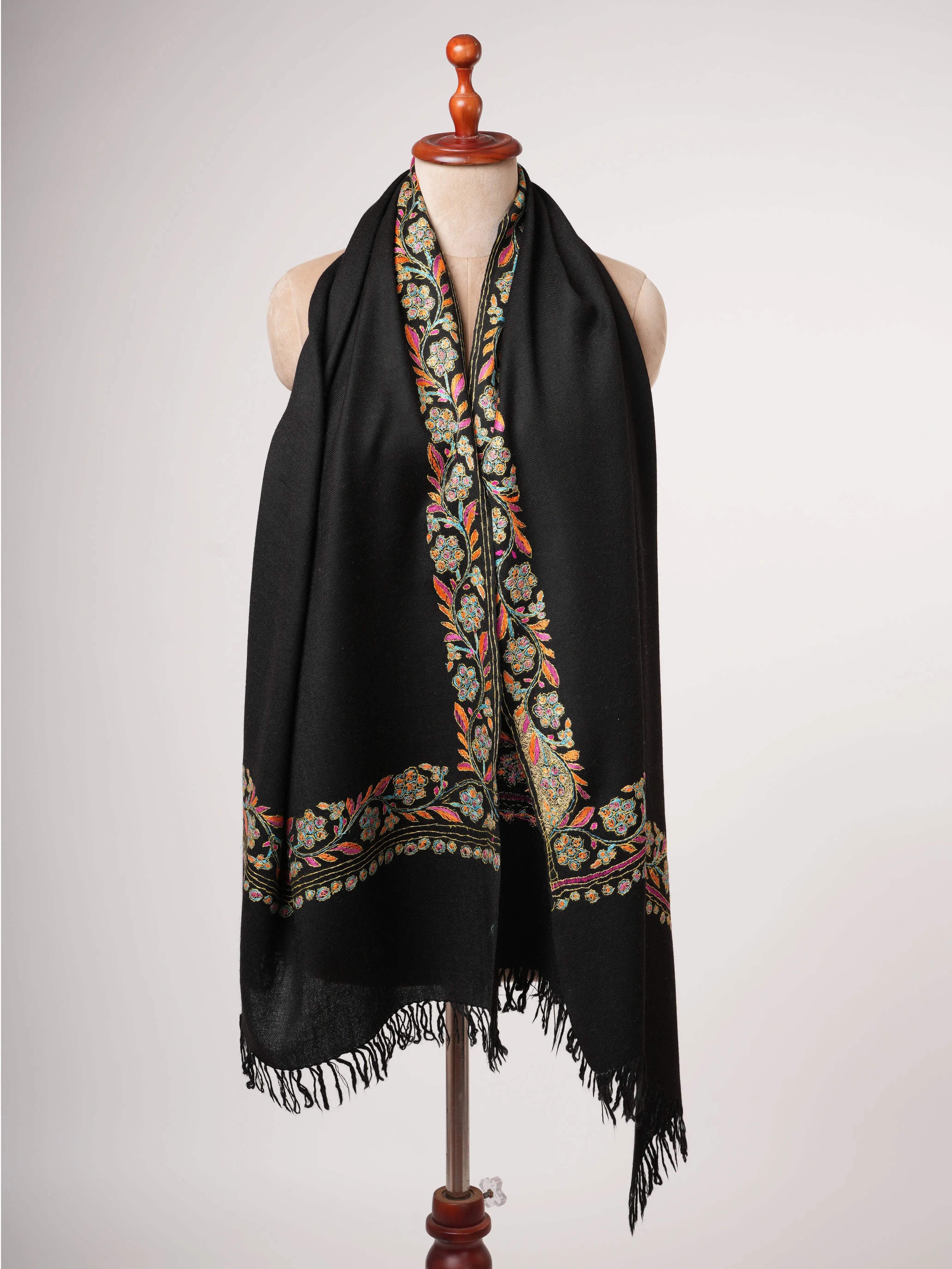 Black Fine Wool Scarf with Artisan Hand Stitching Shahkaar