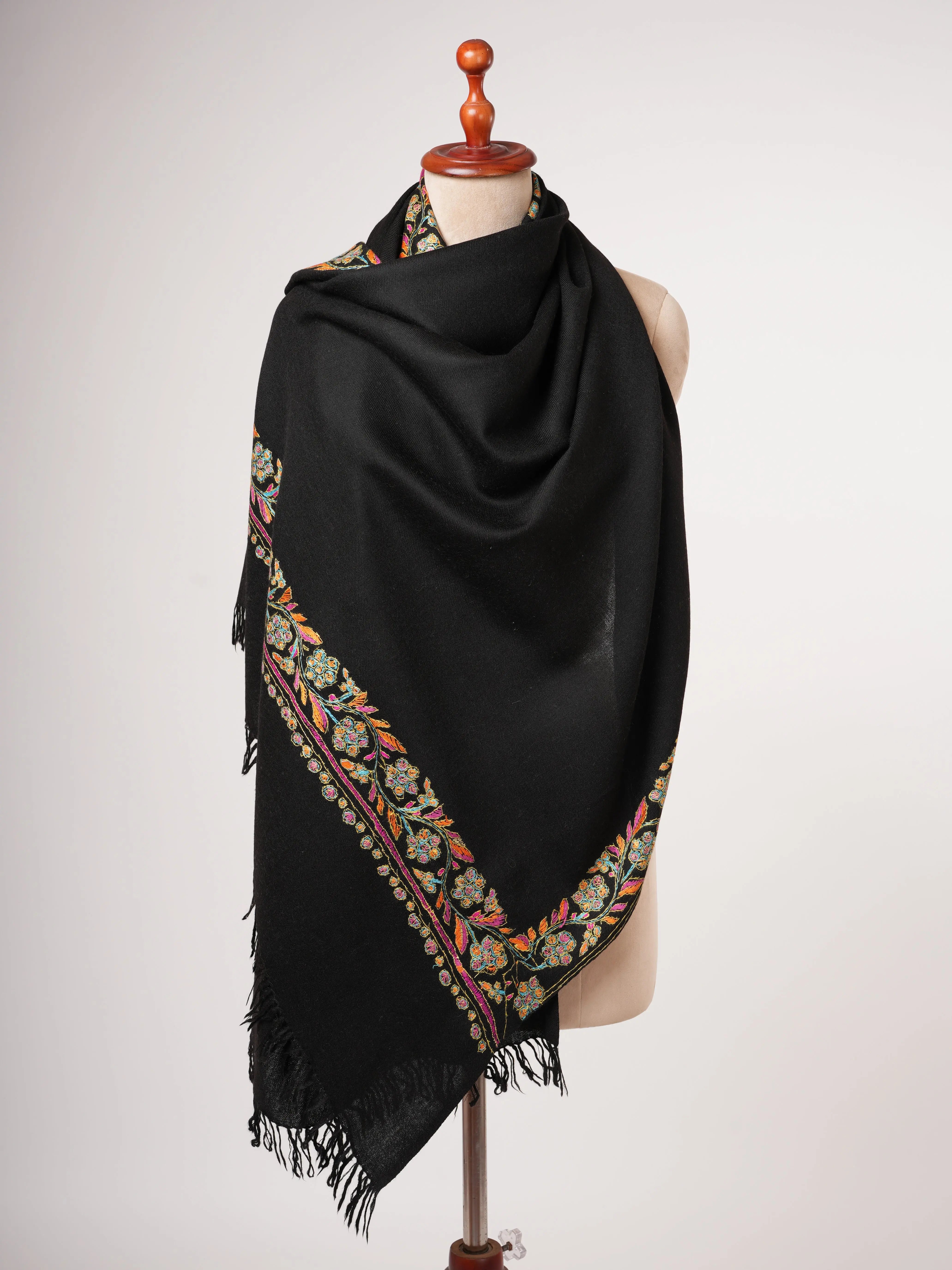 Black Fine Wool Scarf with Artisan Hand Stitching Shahkaar