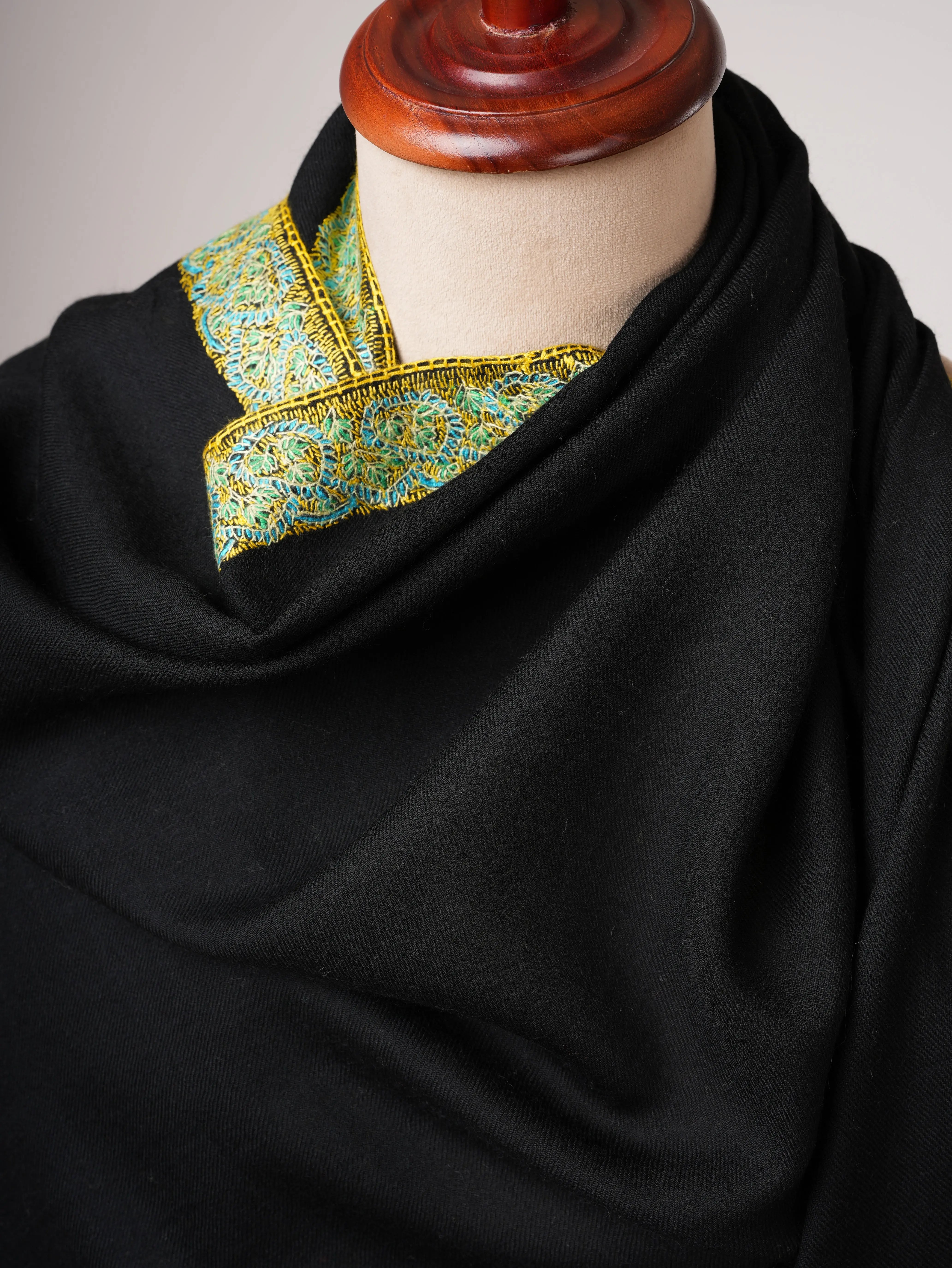 Black Fine Wool Shawl with Hand Embroidered Neemdaur Motifs Shahkaar