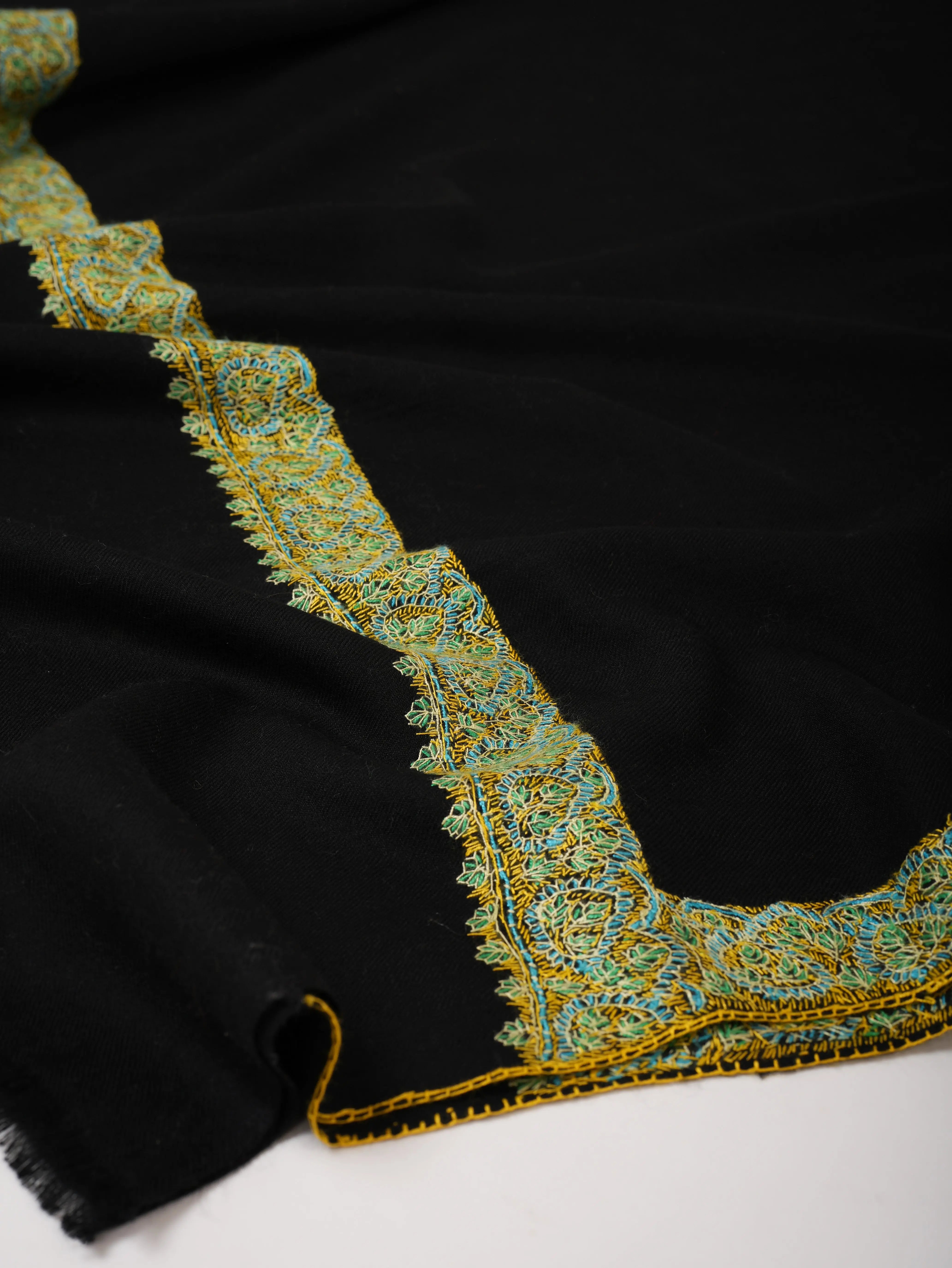 Black Fine Wool Shawl with Hand Embroidered Neemdaur Motifs Shahkaar