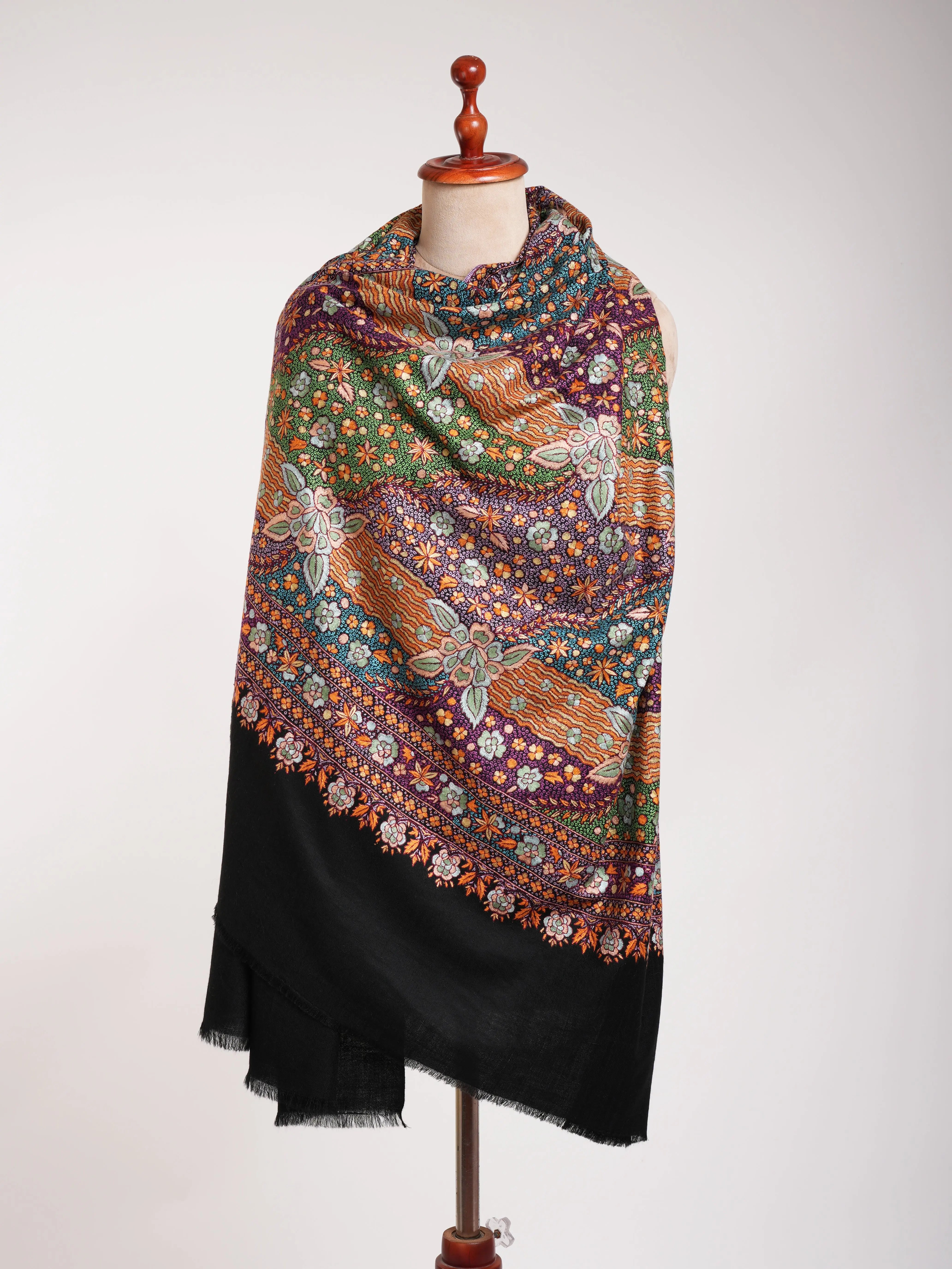Black Hand Embroidered Festival Pashmina Jamavar Shawl Shahkaar