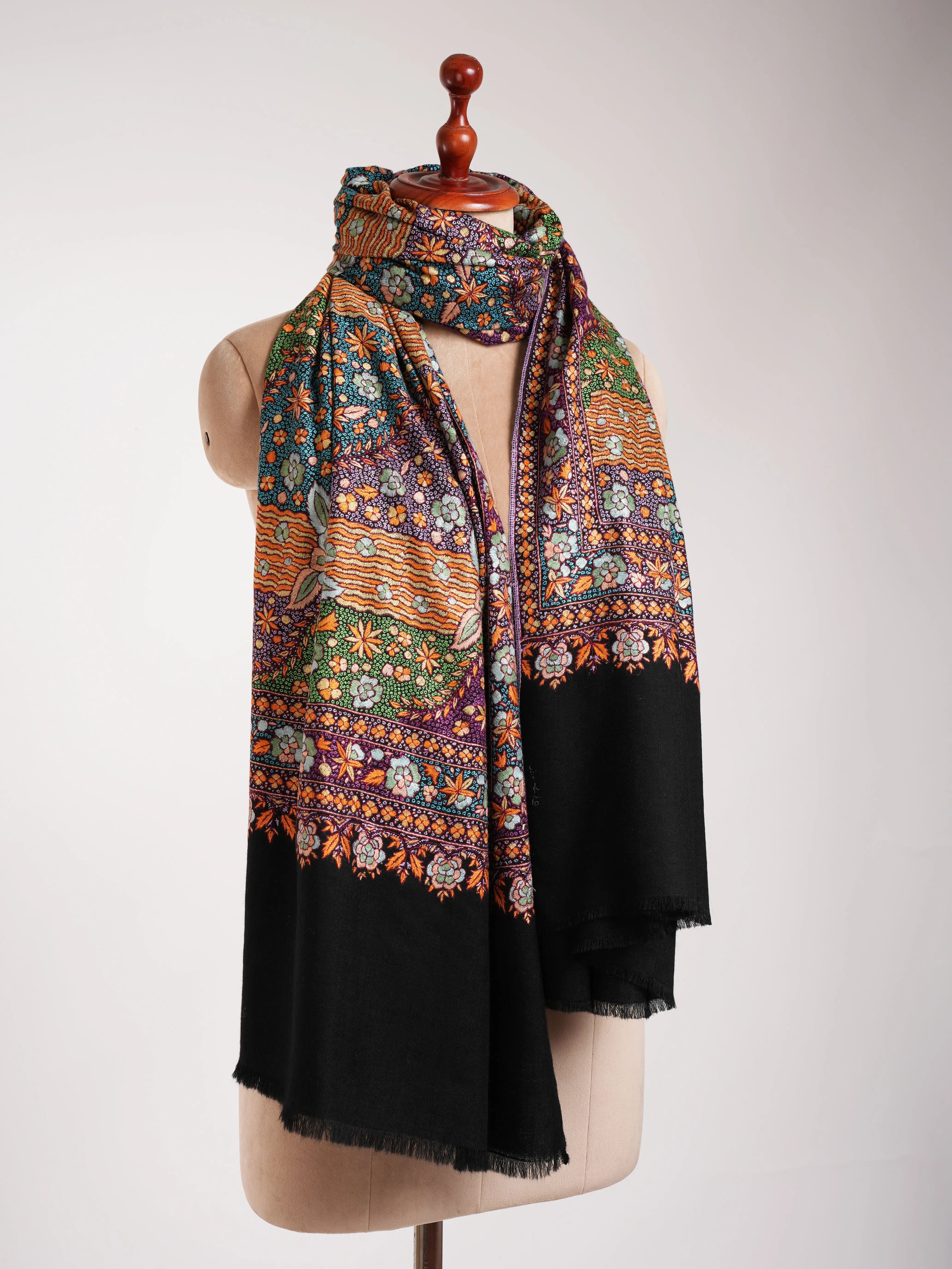 Black Hand Embroidered Festival Pashmina Jamavar Shawl Shahkaar