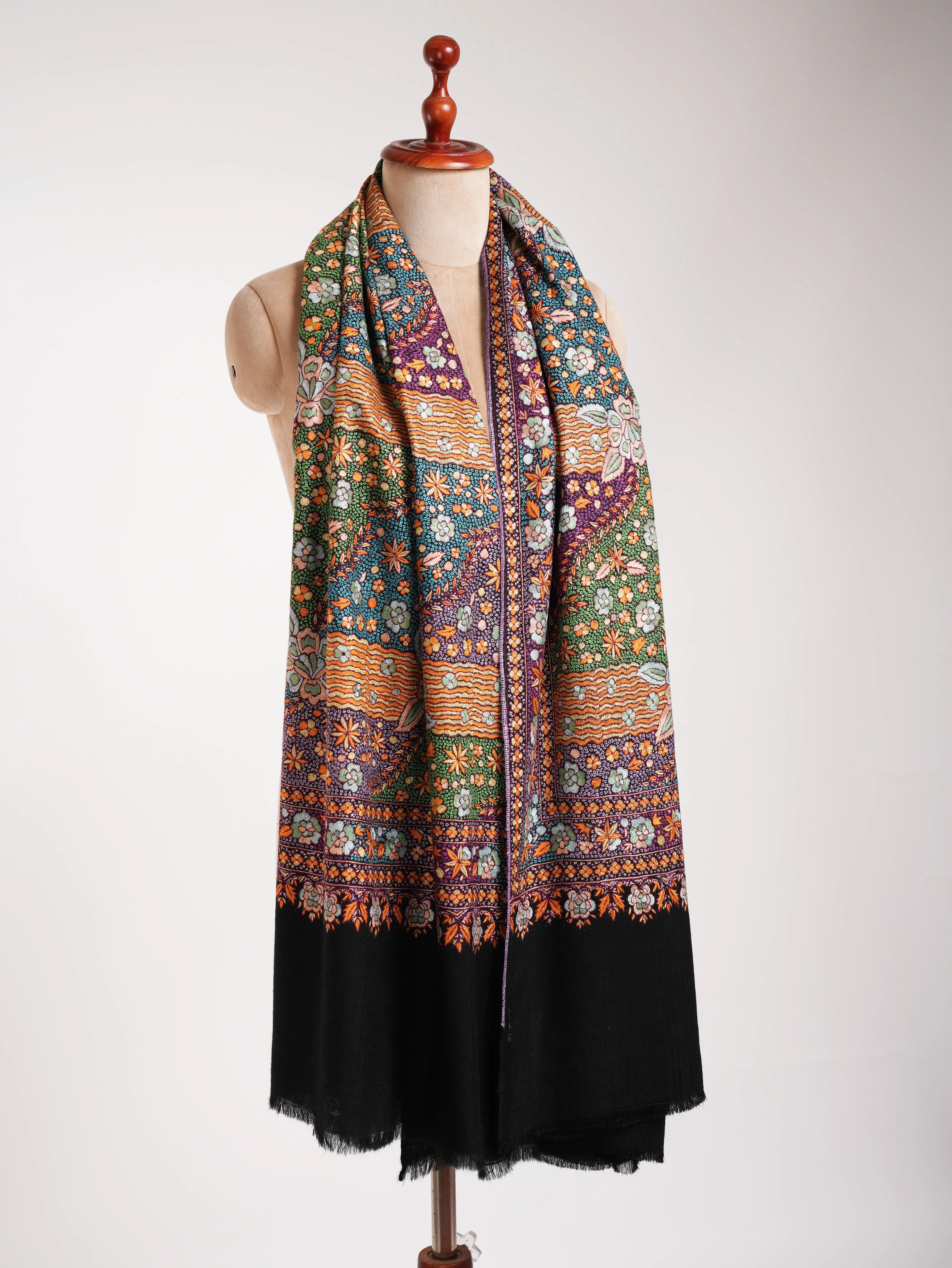 Black Hand Embroidered Festival Pashmina Jamavar Shawl Shahkaar