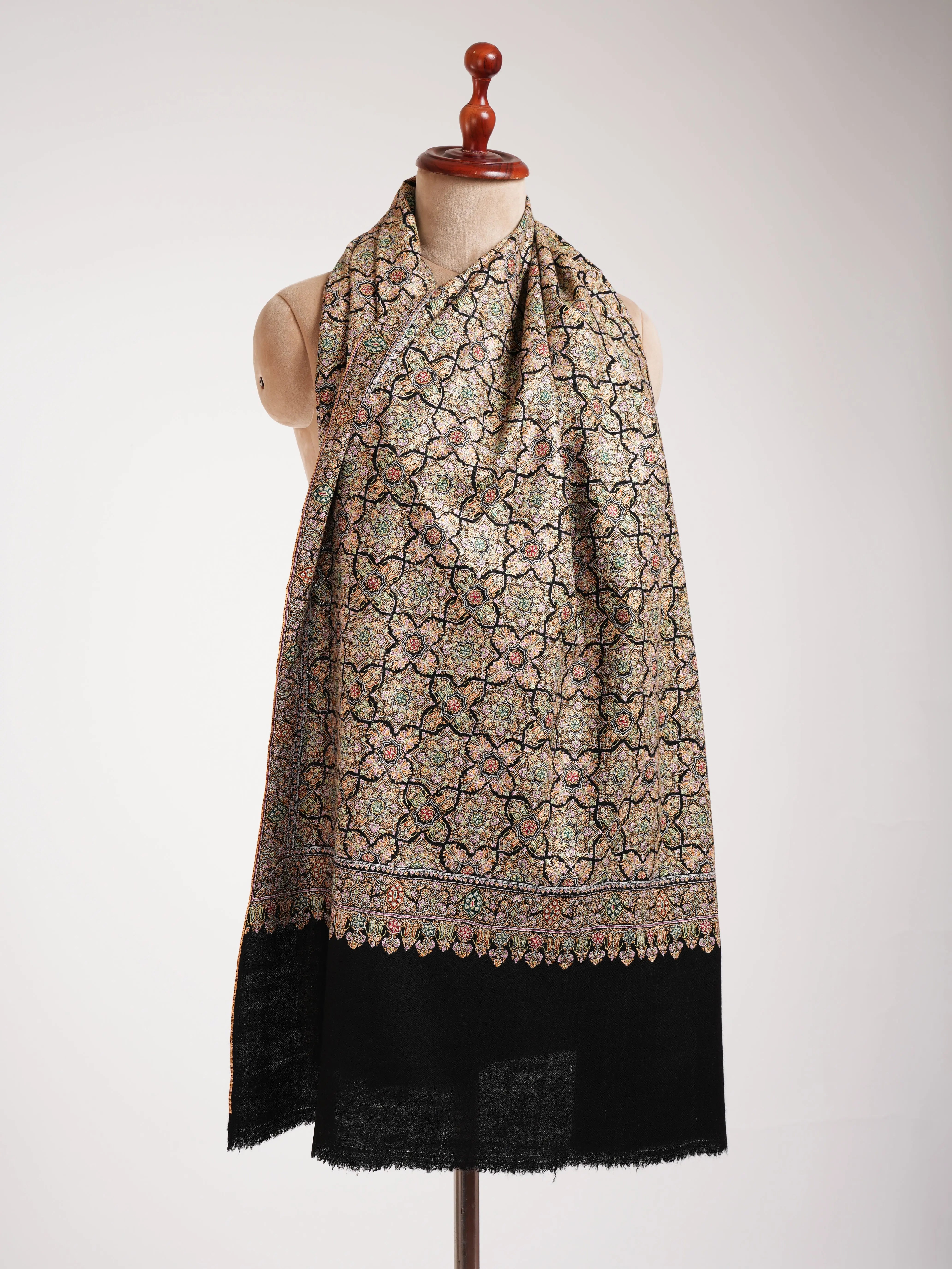 Black Hand Embroidered Geometric Pashmina Jamavar Shawl Shahkaar