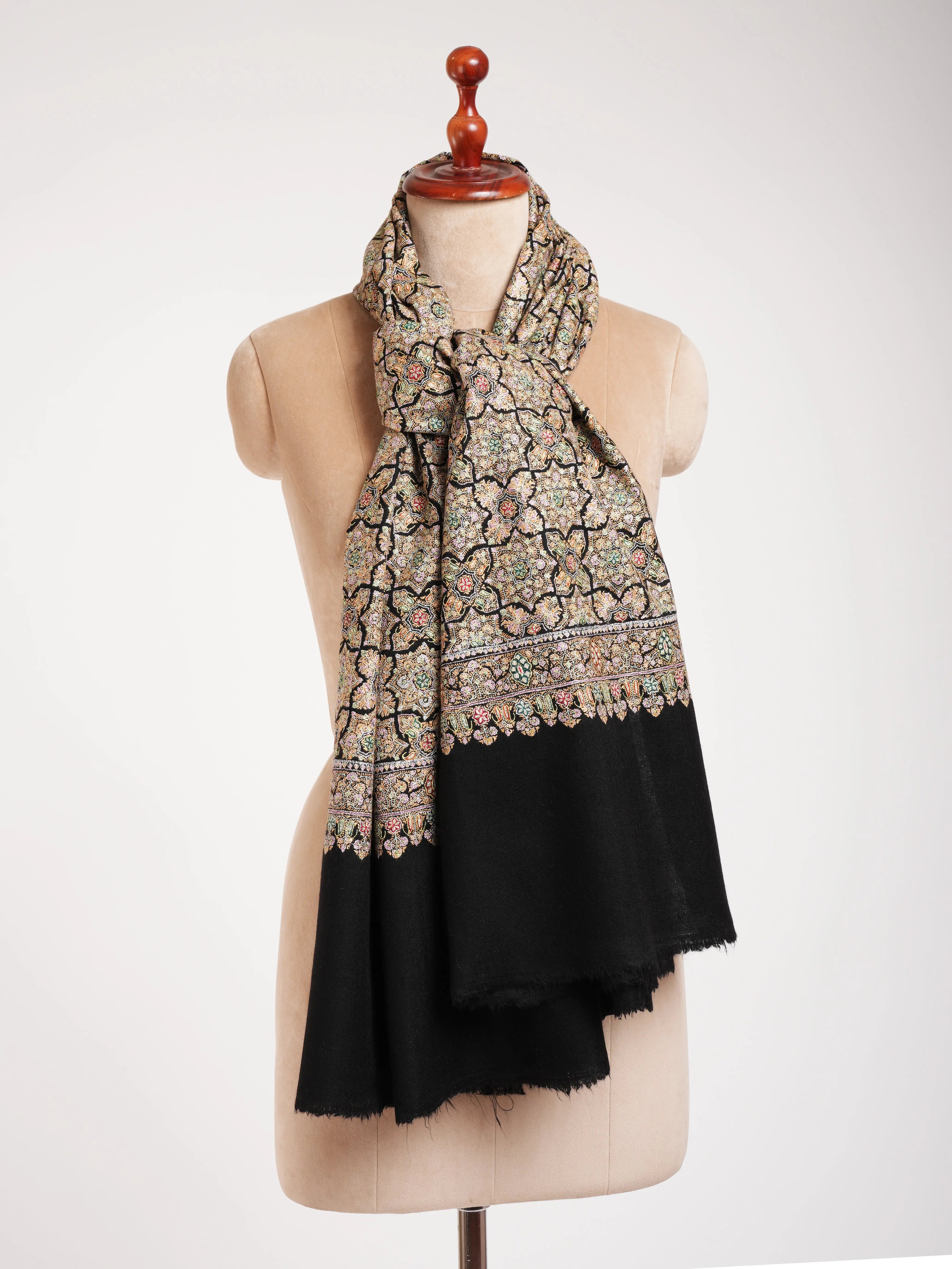 Black Hand Embroidered Geometric Pashmina Jamavar Shawl Shahkaar