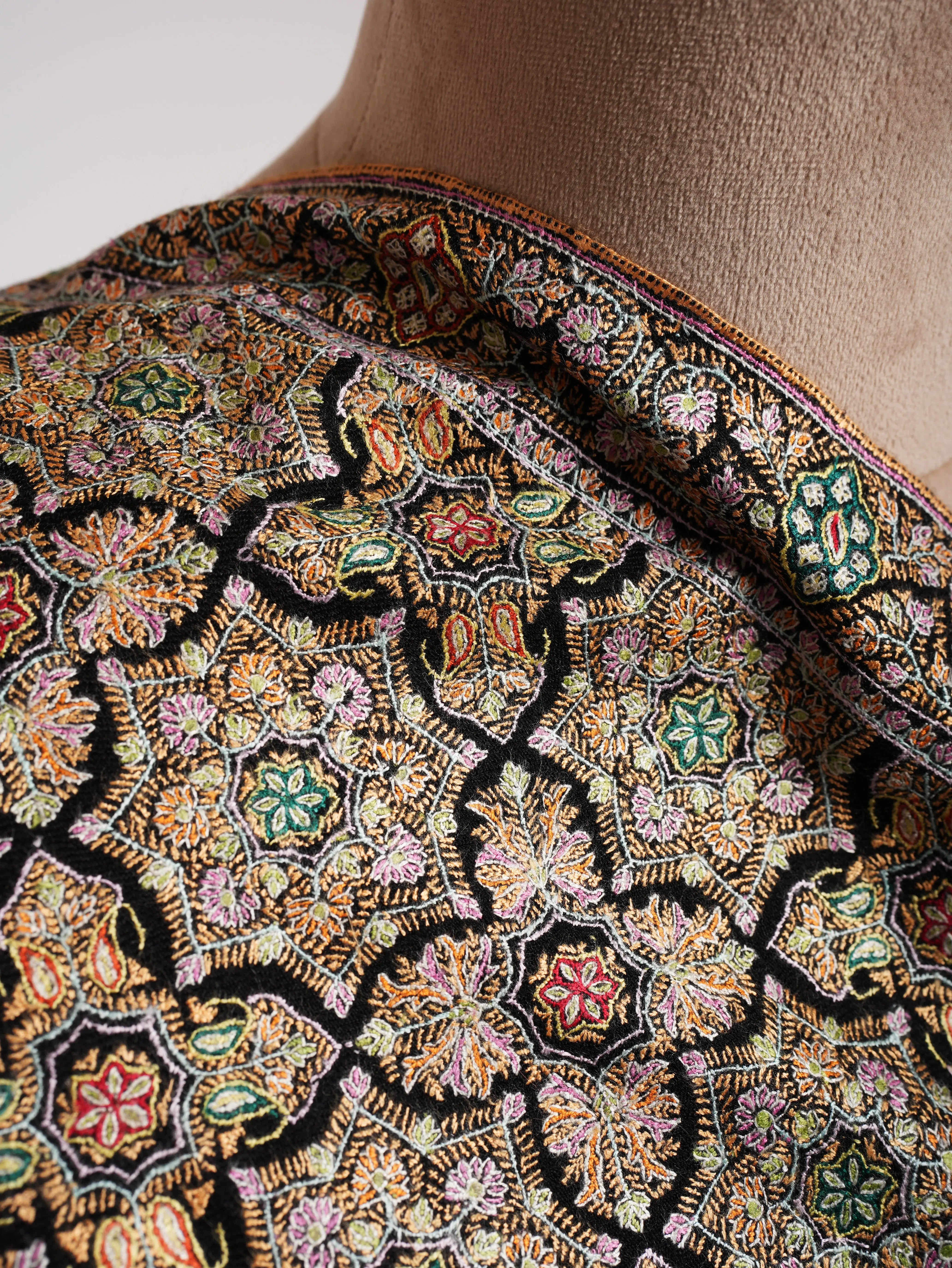 Black Hand Embroidered Geometric Pashmina Jamavar Shawl Shahkaar
