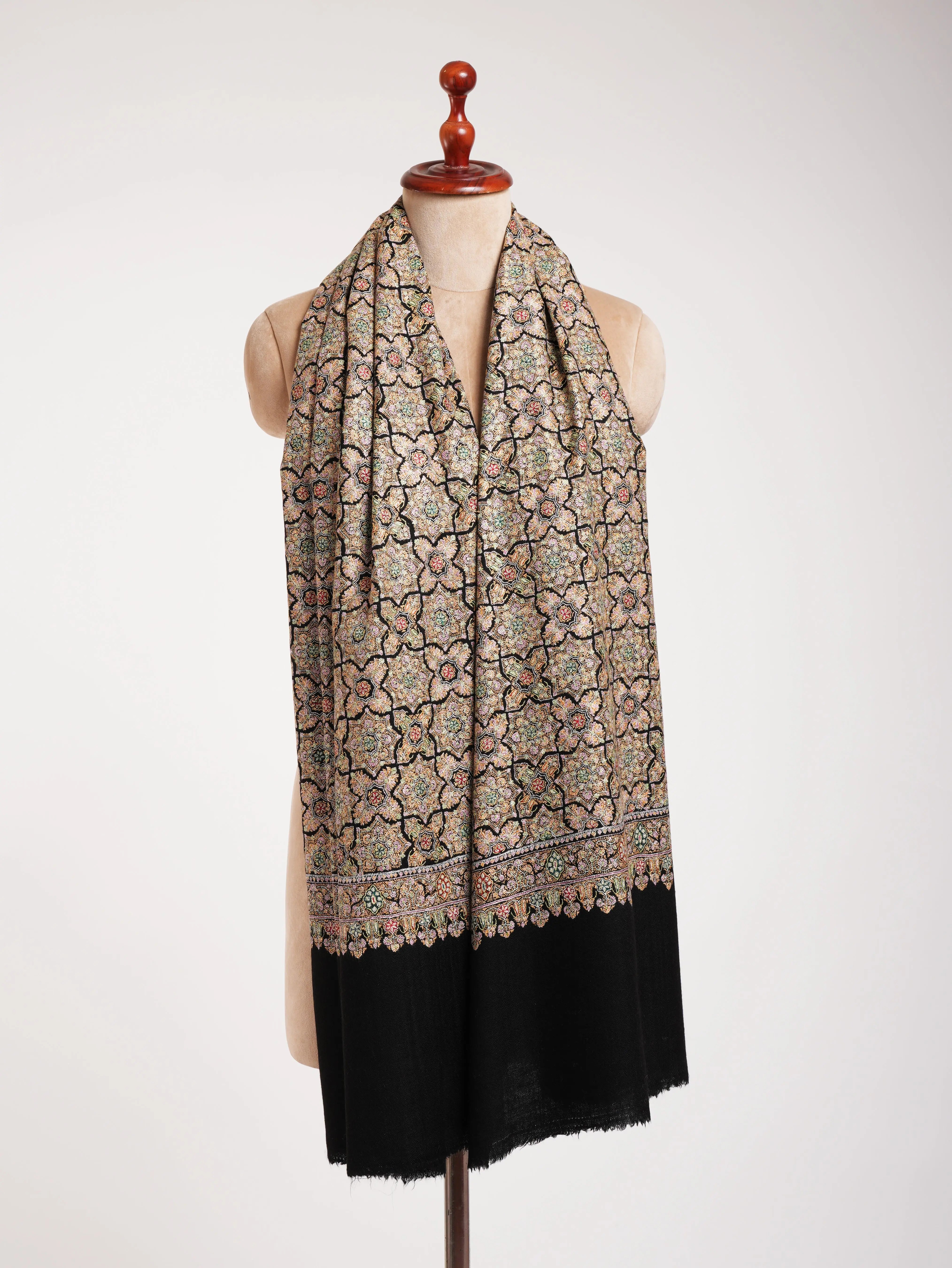 Black Hand Embroidered Geometric Pashmina Jamavar Shawl Shahkaar