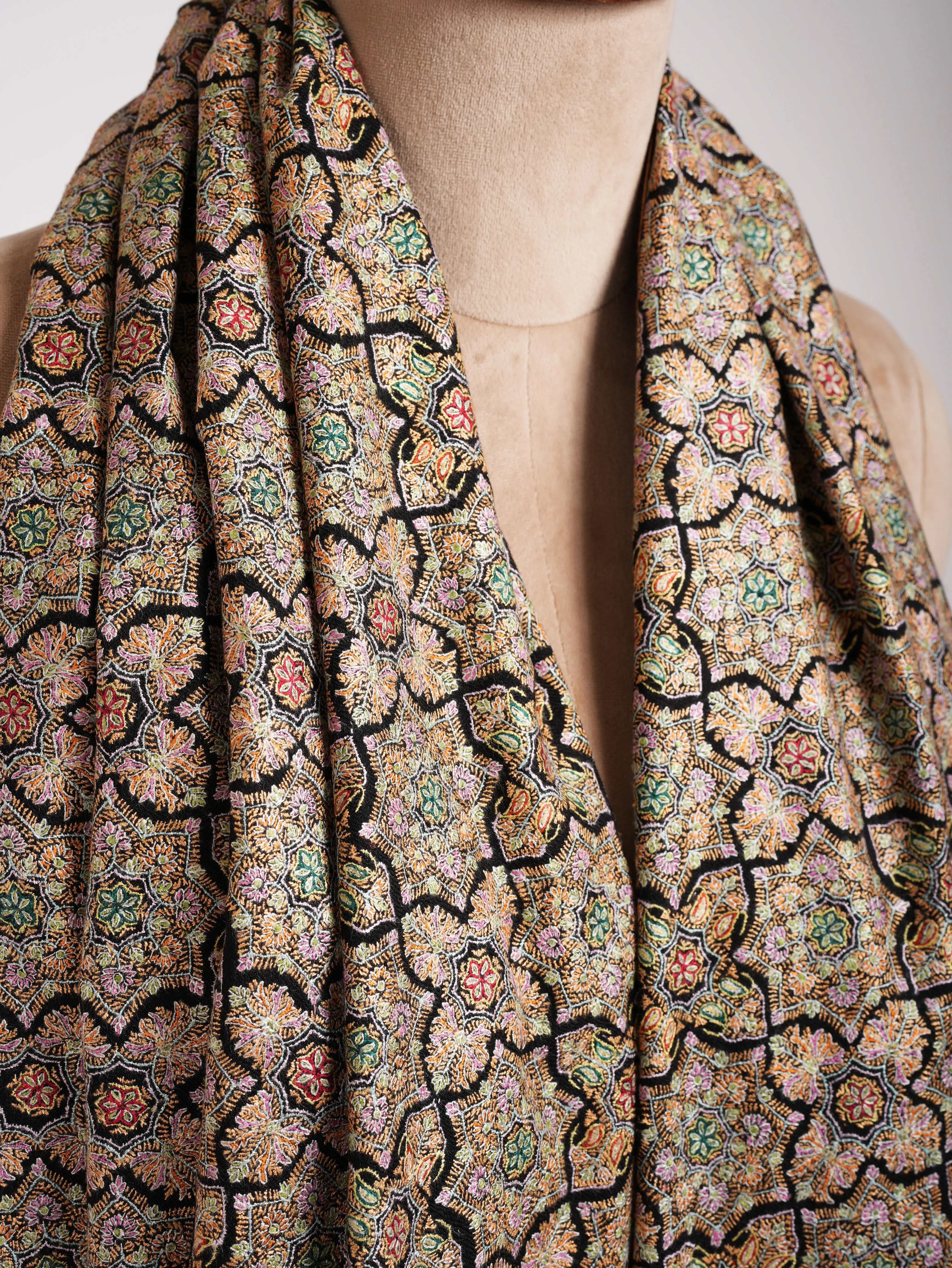 Black Hand Embroidered Geometric Pashmina Jamavar Shawl Shahkaar