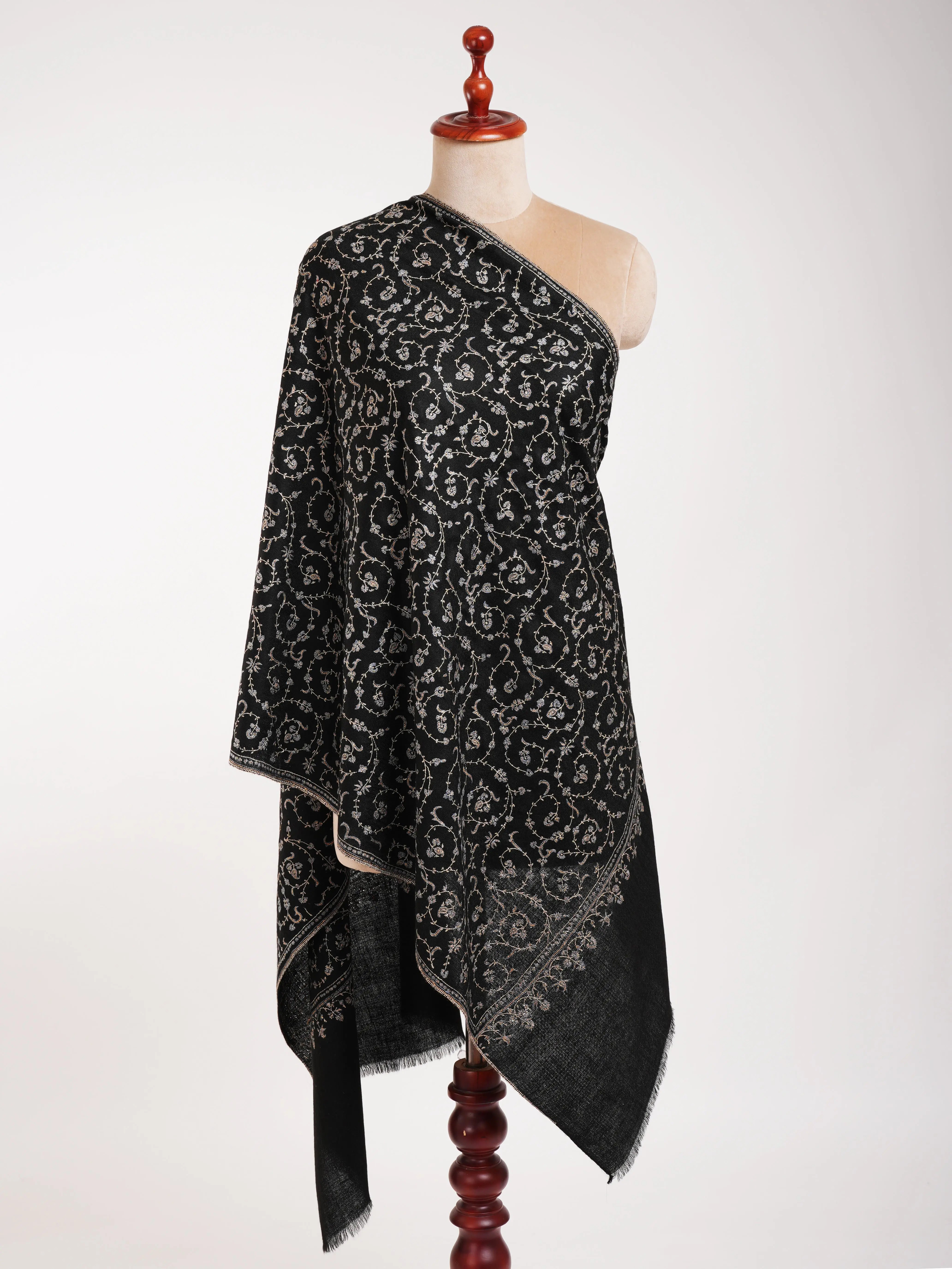 Black Indian Cashmere Lightweight Scarf with Hand Embroidery Shahkaar