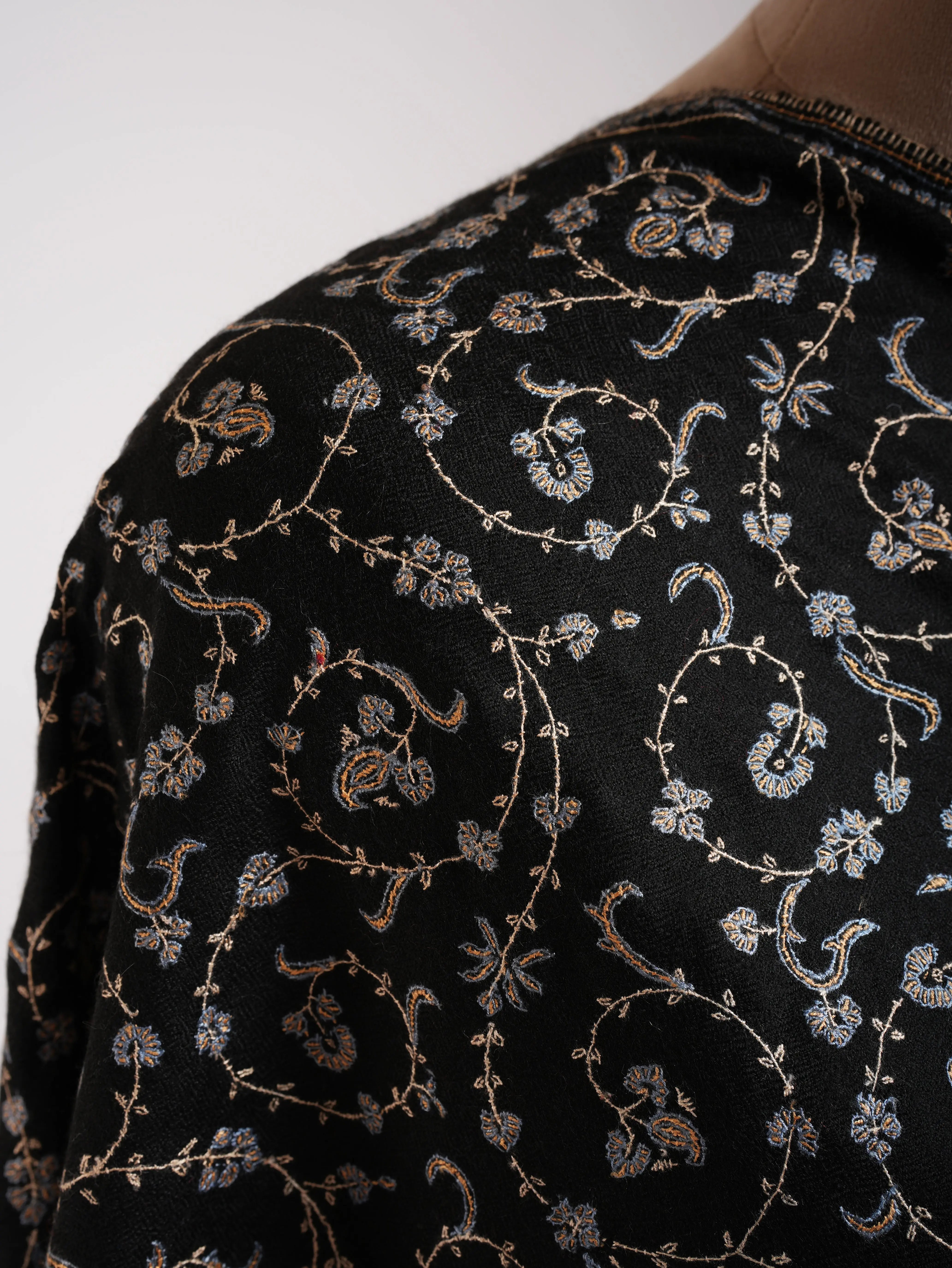 Black Indian Cashmere Lightweight Scarf with Hand Embroidery Shahkaar