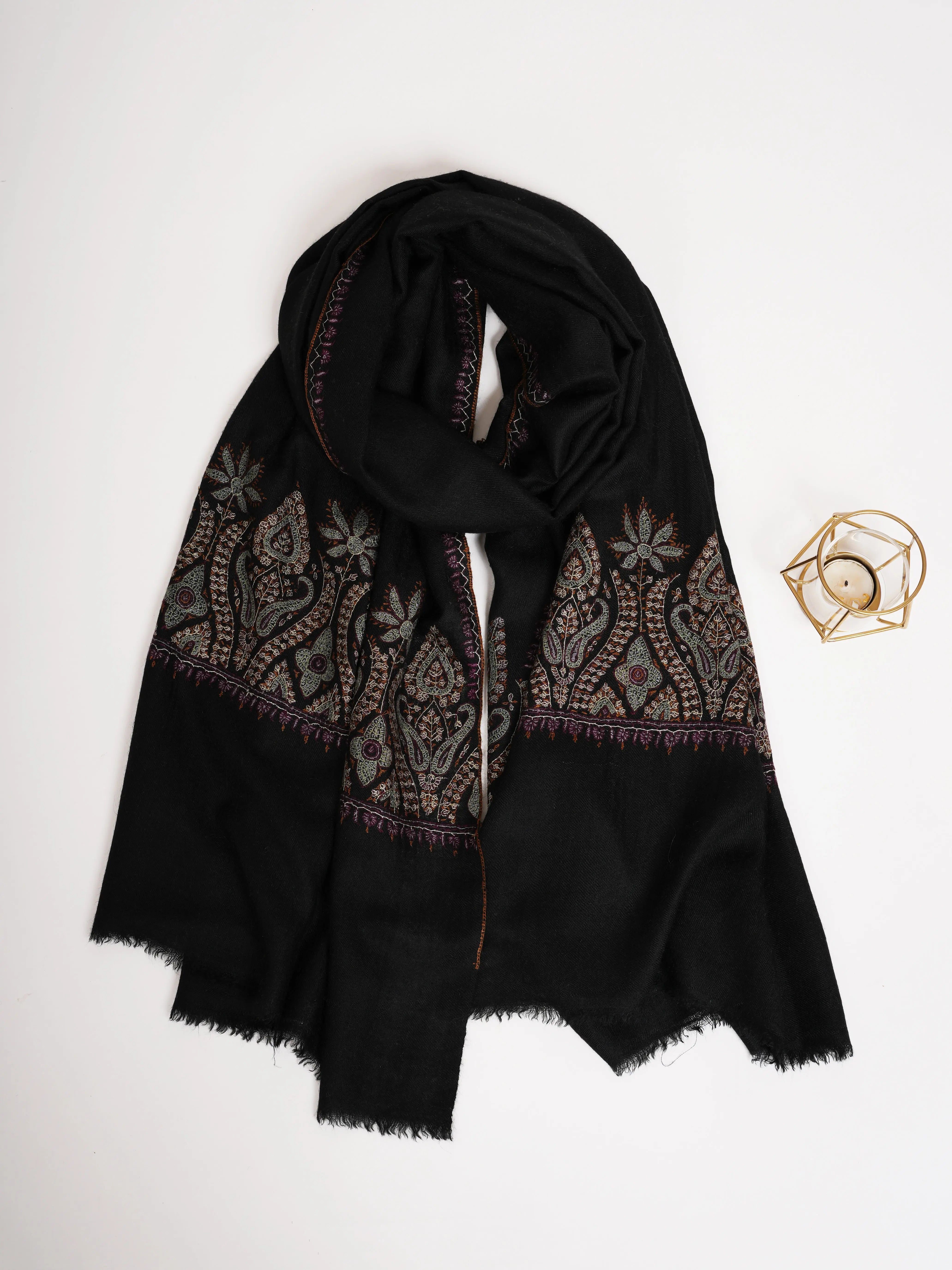 Black Indian Cashmere Scarf with Palla Embroidery Shahkaar