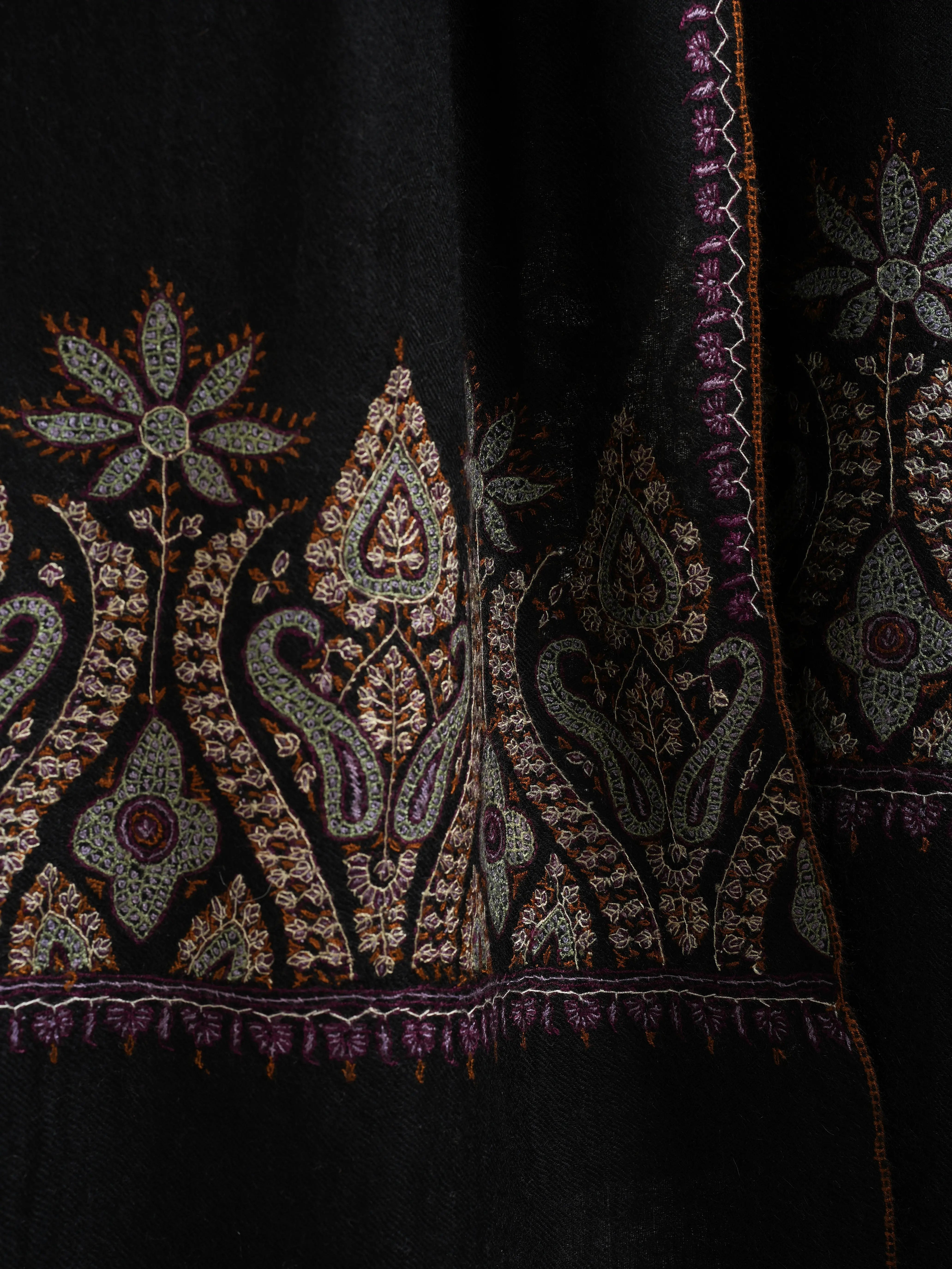 Black Indian Cashmere Scarf with Palla Embroidery Shahkaar