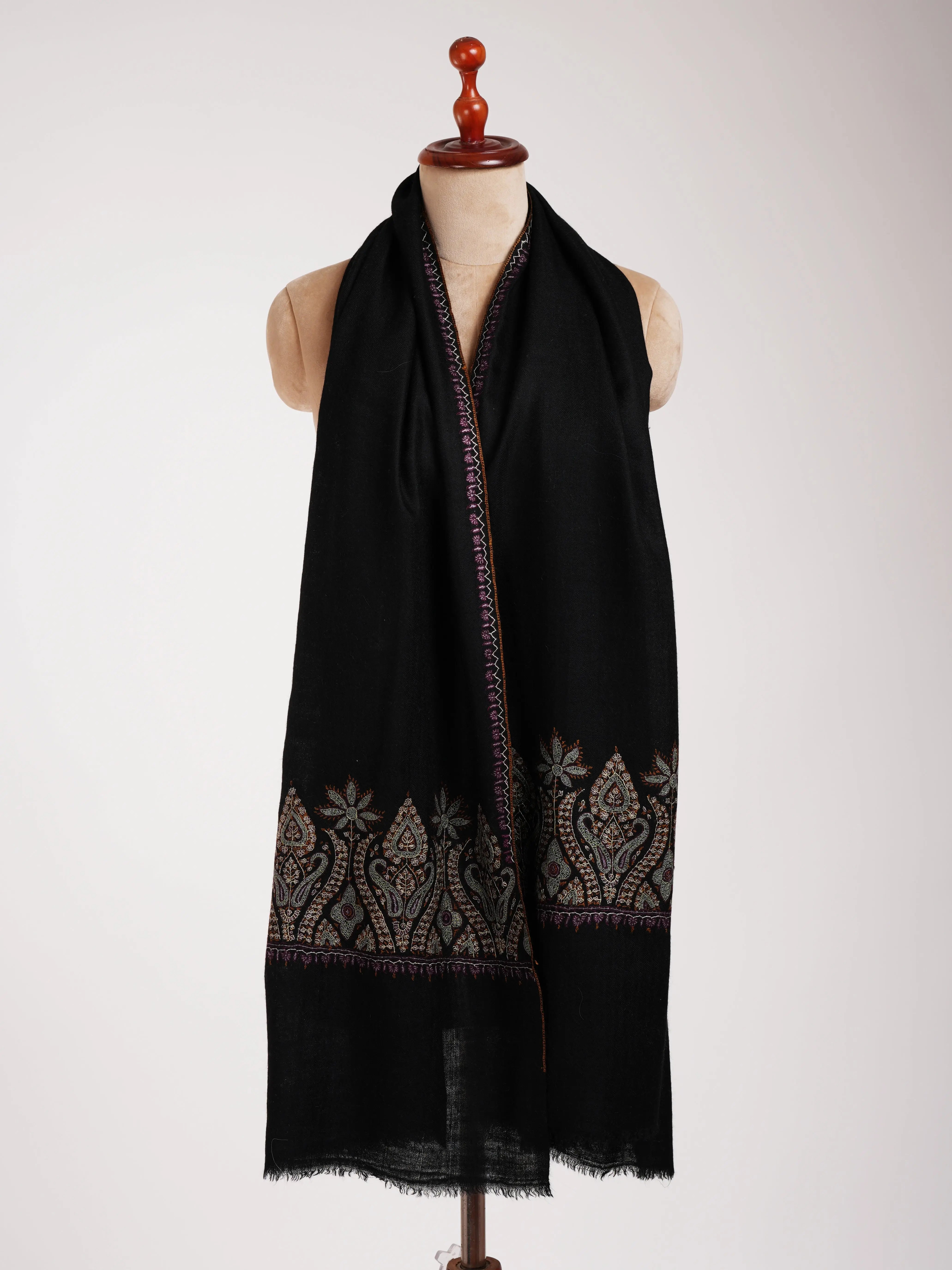 Black Indian Cashmere Scarf with Palla Embroidery Shahkaar