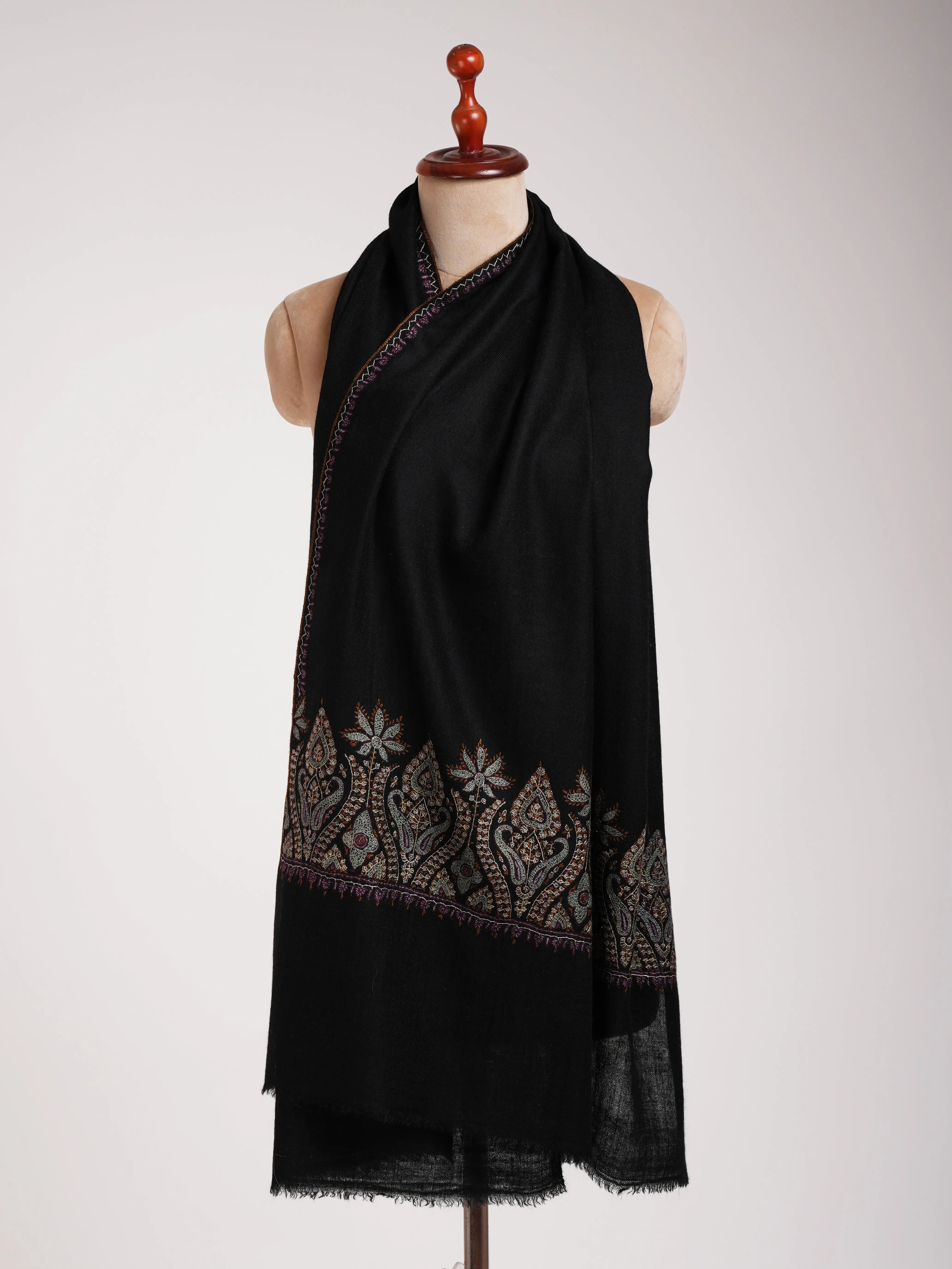 Black Indian Cashmere Scarf with Palla Embroidery Shahkaar