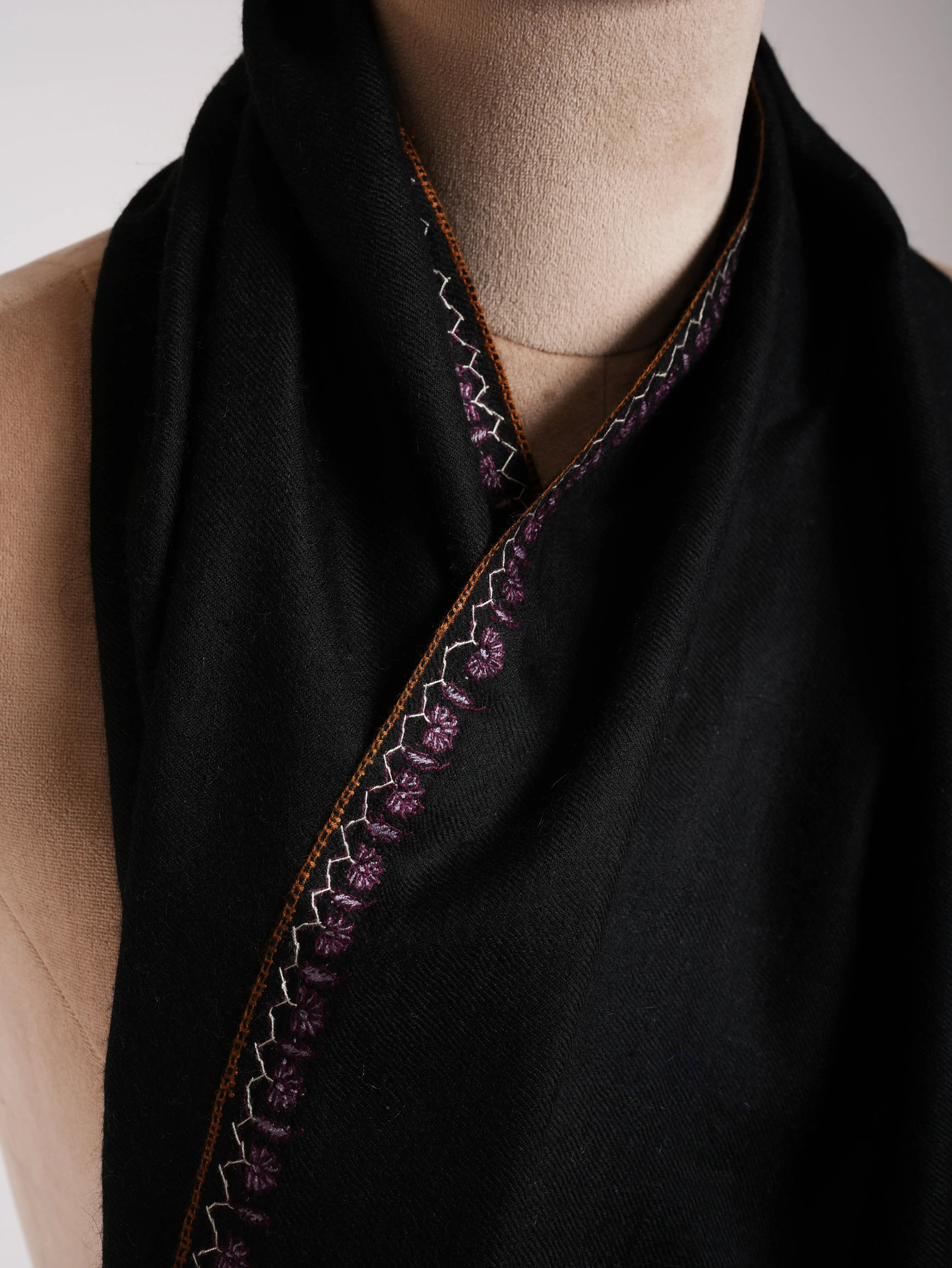 Black Indian Cashmere Scarf with Palla Embroidery Shahkaar