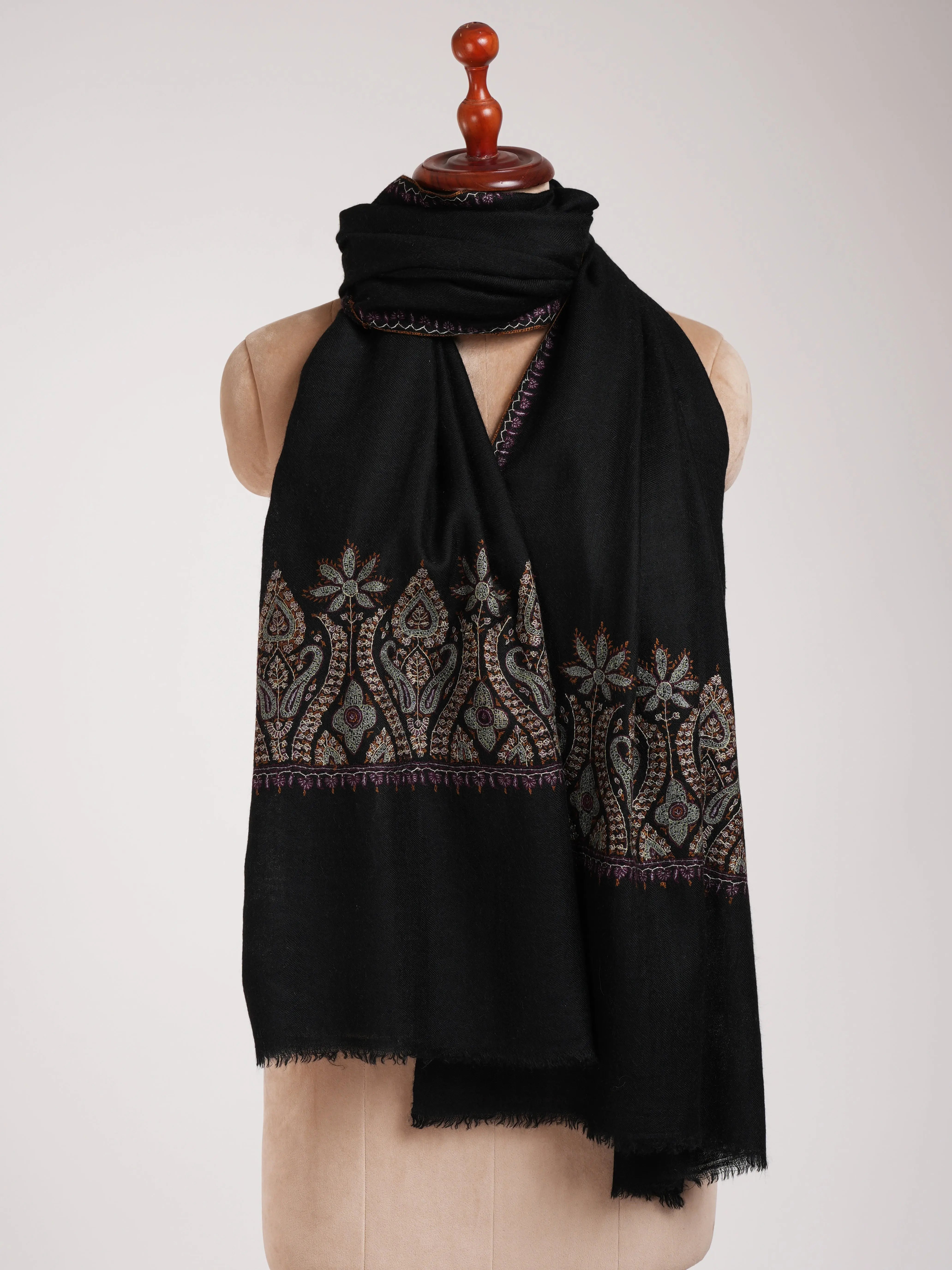 Black Indian Cashmere Scarf with Palla Embroidery Shahkaar