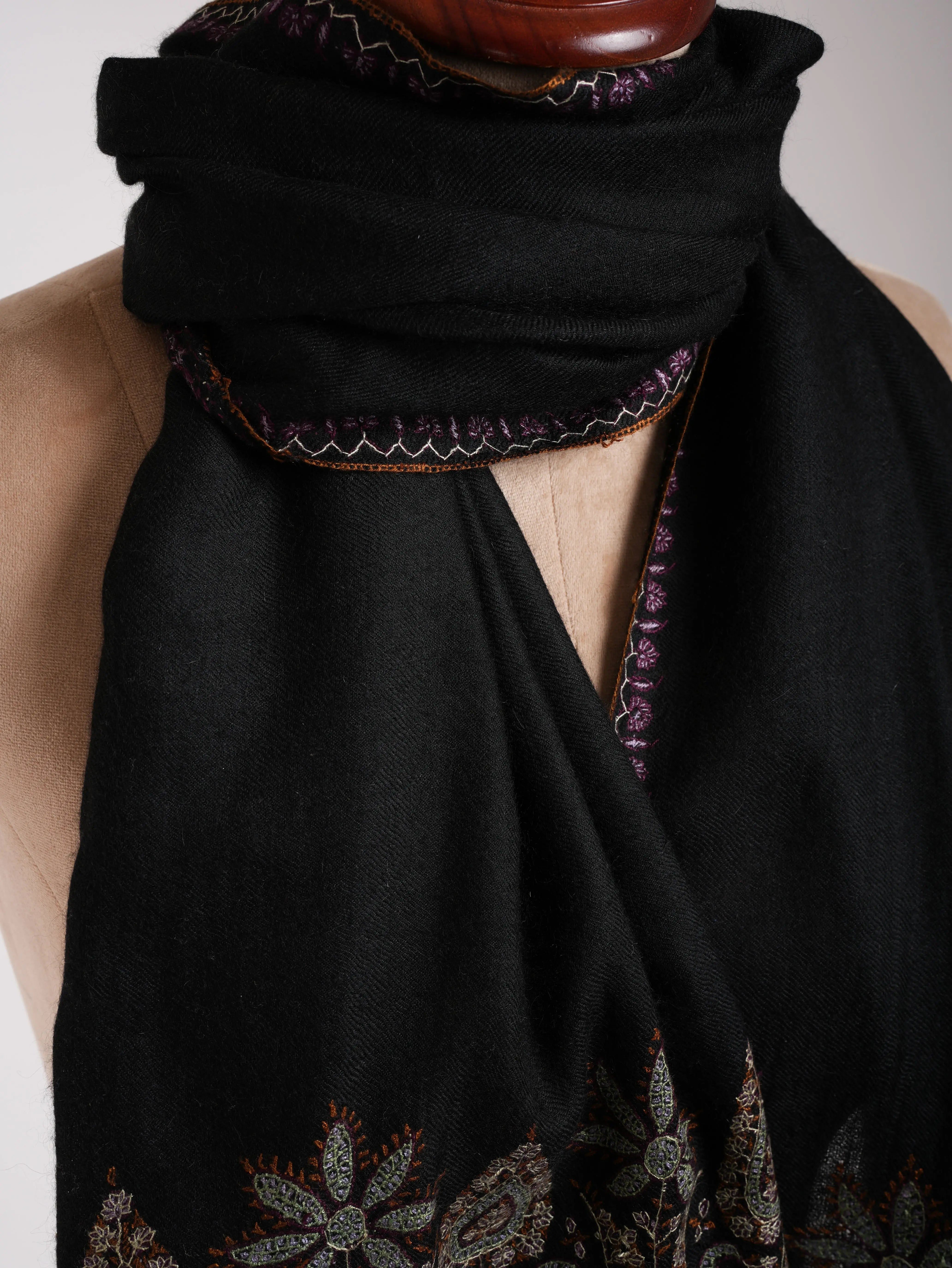 Black Indian Cashmere Scarf with Palla Embroidery Shahkaar
